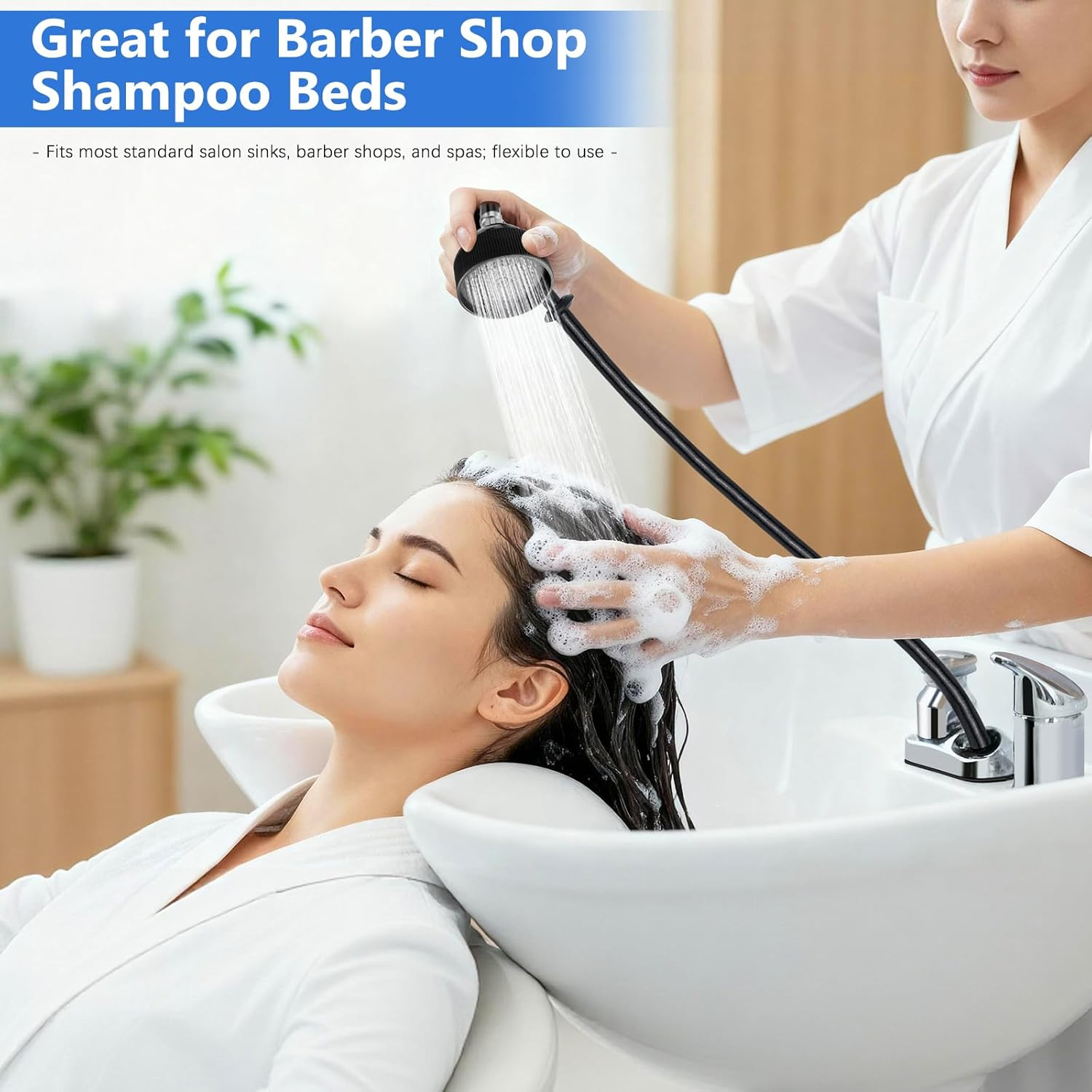 ZKDAUSDO 2 Pack UPC Certified Salon Shampoo Bowl Sprayer Head Hose Kit - 1/4" Thread to Attach Shampoo Bowl Faucet for Barber Shop Spa, Black Rubber Salon Sink Shampoo Bowl Hose Replacement Part image number 1