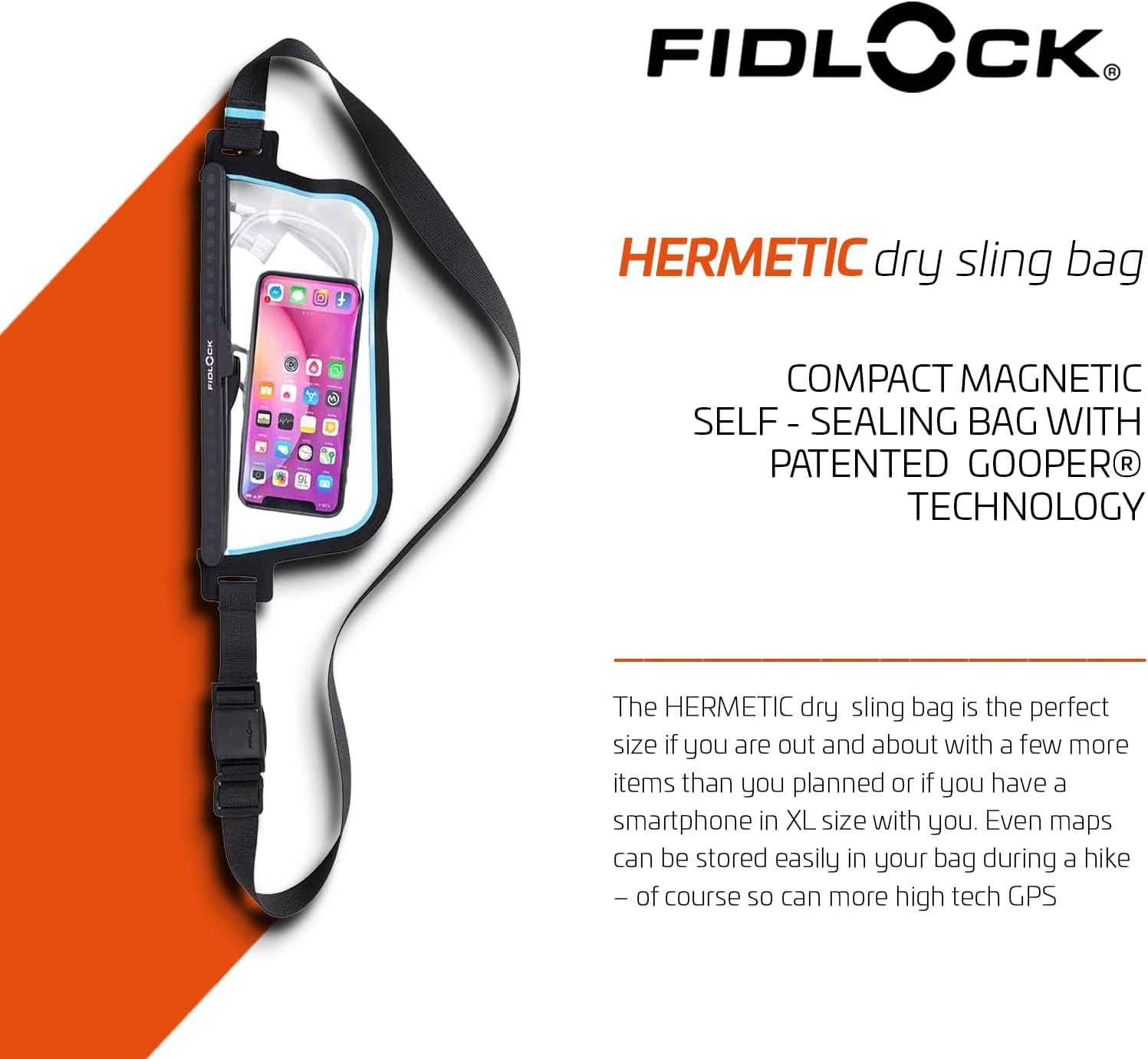 FIDLOCK Hermetic Sling Phone Dry Bag - Waterproof Pouch for Cellphone with Magnetic Self-Sealing Closure - Full Touch Functionality through the Case, Transparent Blue - Black image number 3