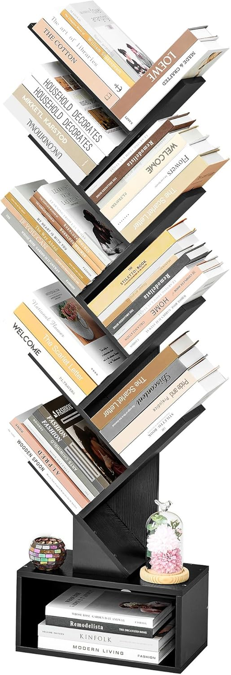 Hoctieon 4 Tier Tree Bookshelf, 4 Shelf Bookcase, Free Standing Tree Bookcase, Display Floor Standing Shelf for Books, Book Organizer Shelves for Home Office, Living Room, Bedroom, Grey