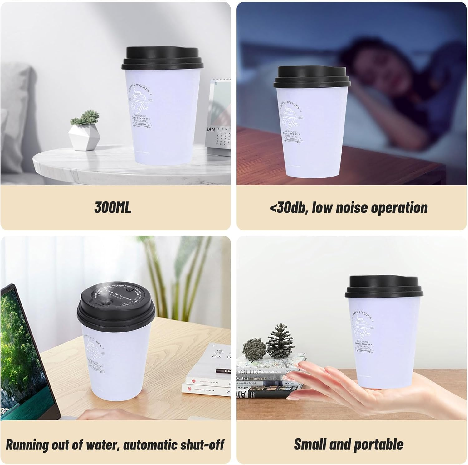 Humidifiers for Bedroom, 300Ml Cool Mist Humidifiers, USB Mini Cute Coffee Cup Humidifier, Car Humidifier, Purple Desk Humidifier, Small Humidifier, Low Noise, Auto Shut-Off for Plant, Office(Purple) image number 2