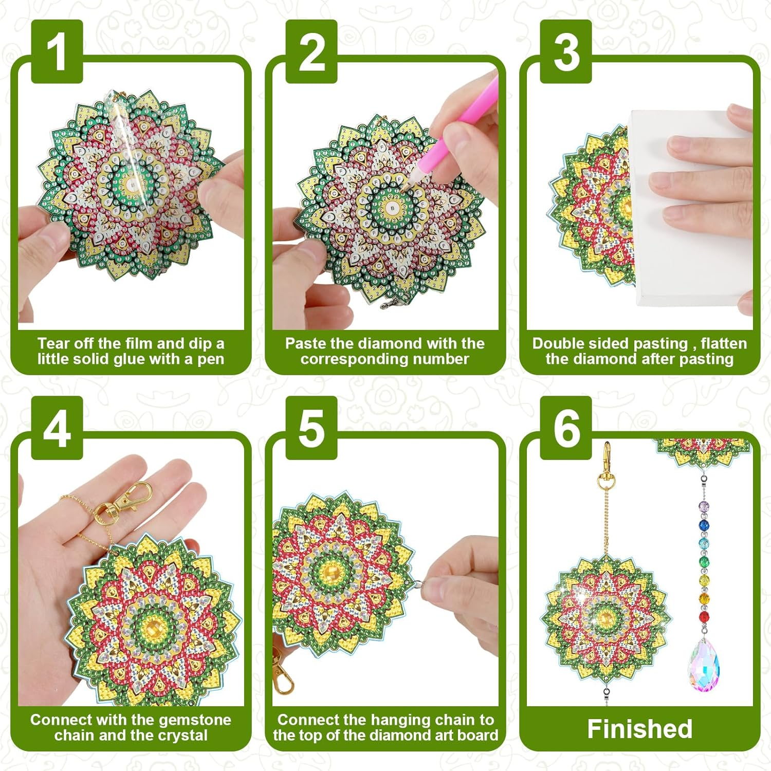 Yeaqee 6 Pcs Diamond Painting Sun Catchers Mandala Flower Diamond Art Wind Chimes Double Sided Hanging Ornament Painting Art Accessories and Tools for Garden Decoration Adults Kids DIY