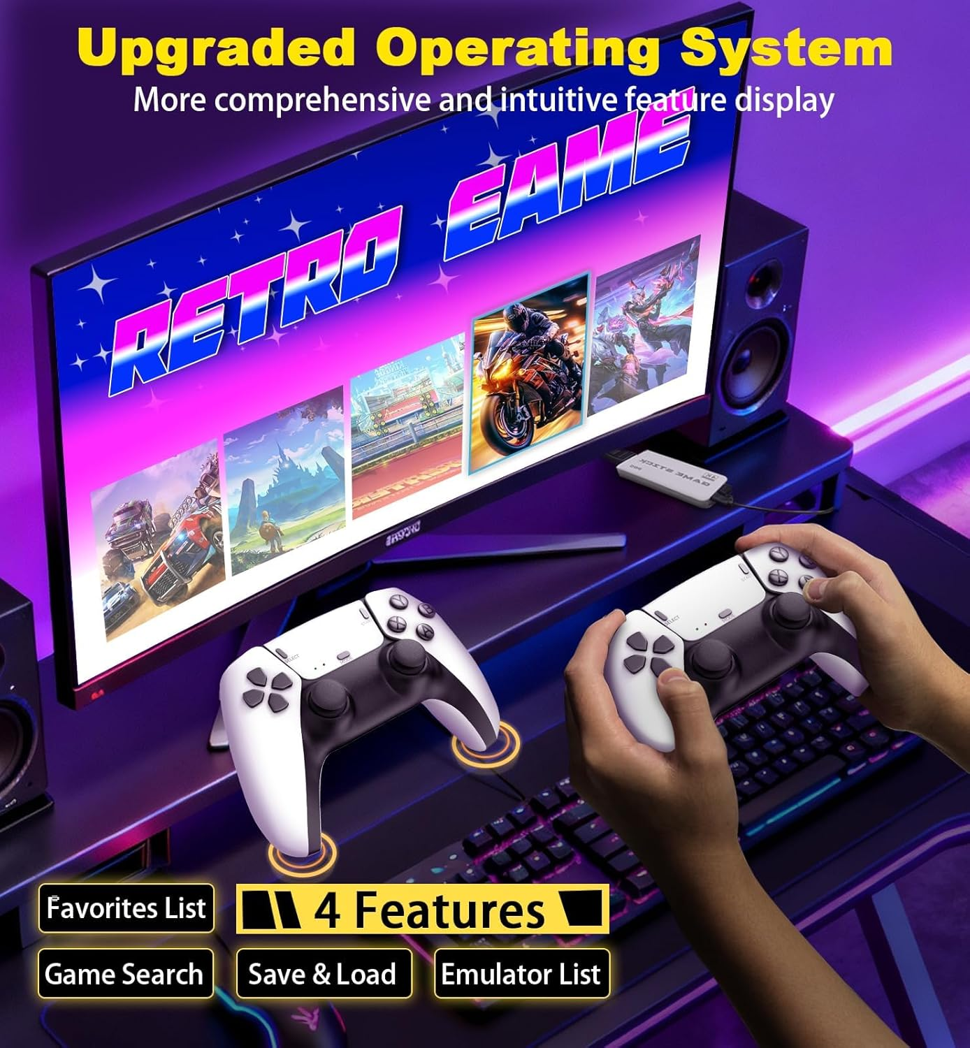 Retro Gaming Console with 20000+ Games & 23 Emulators, 4K HDMI Game Stick, Wireless Retro Game Console Retro Drive, Dual 2.4Ghz Wireless Controllers Plug and Play Video Game Console for TV