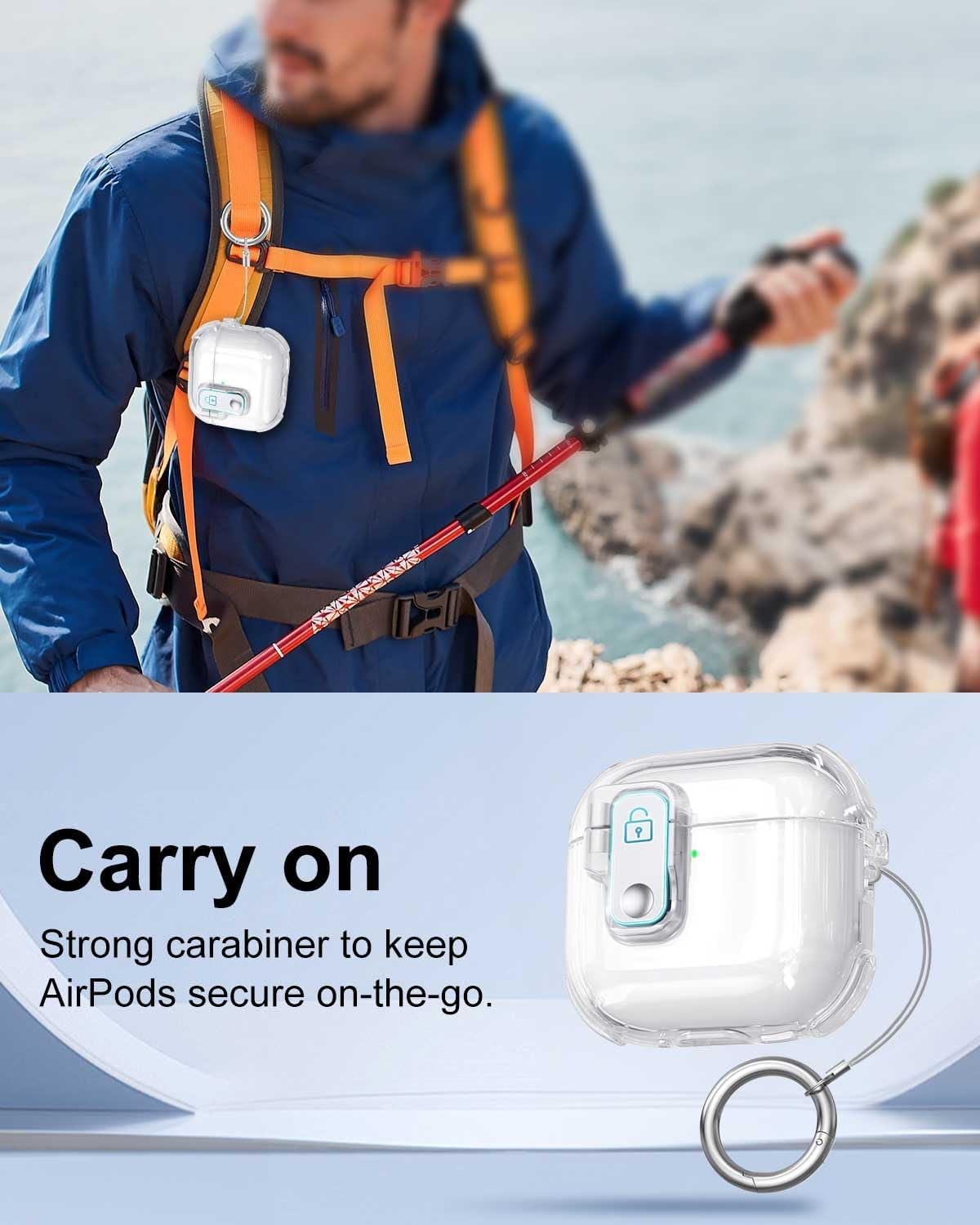 T Tersely Safety Lock Case for Airpods 4 with Cleaner Kit,Secure Lock Armor Shockproof Protective Hard Shell with Carabiner&Cleaner Kit - Transparent image number 4