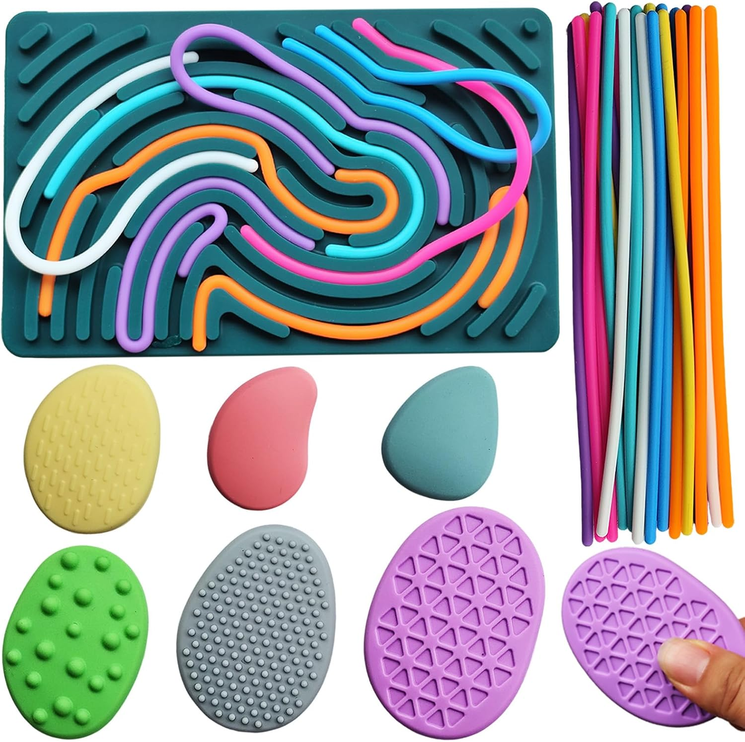 Sensory Fidget Toys Pack: Silicone Double-Sided Sensory Activity Board and Worry Stone Set for Kids & Adults Silent No Mess Calming for Anxiety ADHD & Autism (Mix-1) image number 4
