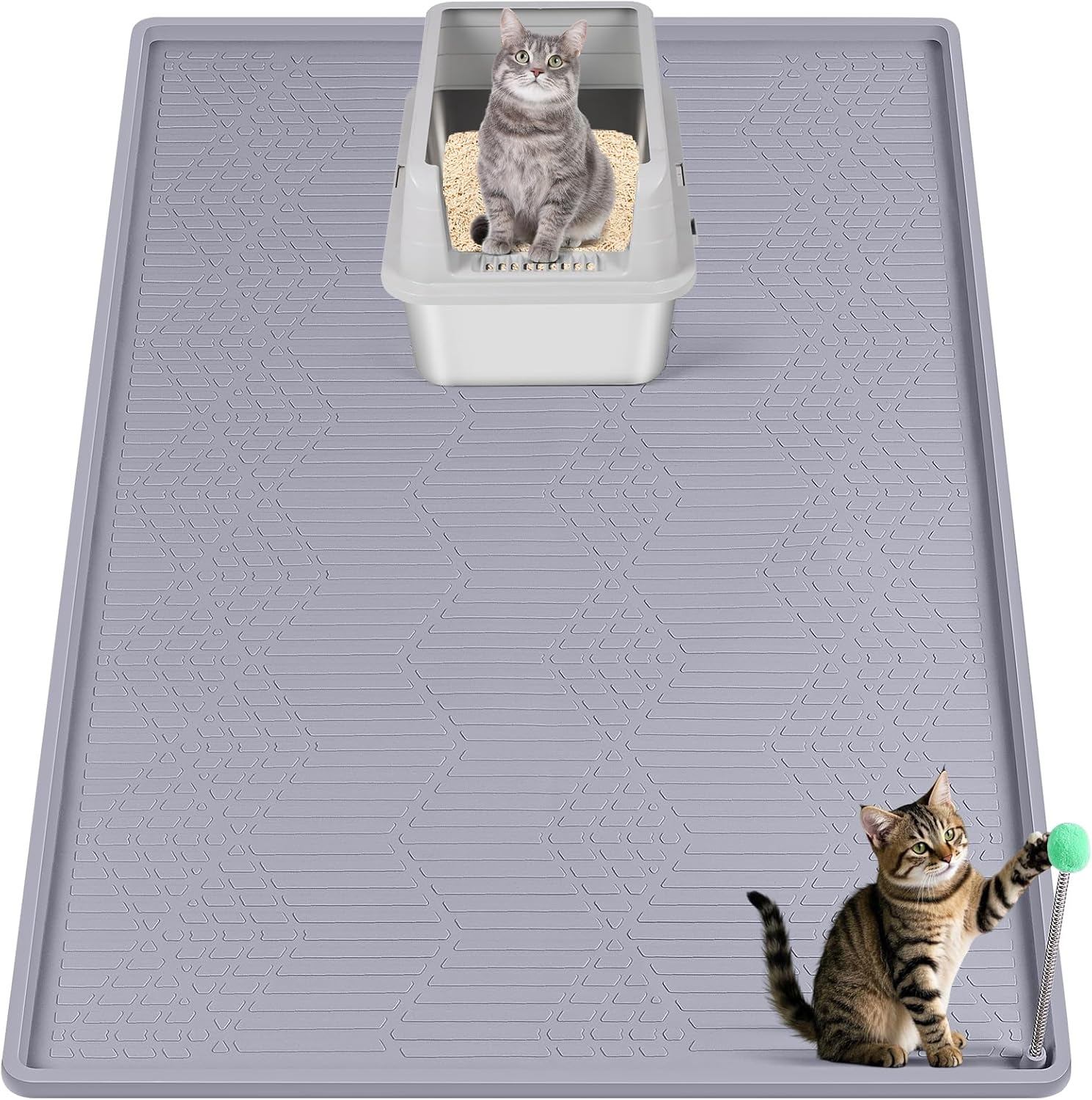 Bartuke Large Cat Litter Mat with Toy Ball, 38'' X 25'' Silicone Cat Litter Trapping Mat for Scatter Control, Soft on Kitty Paws, Easy to Clean (Light Grey) image number 3