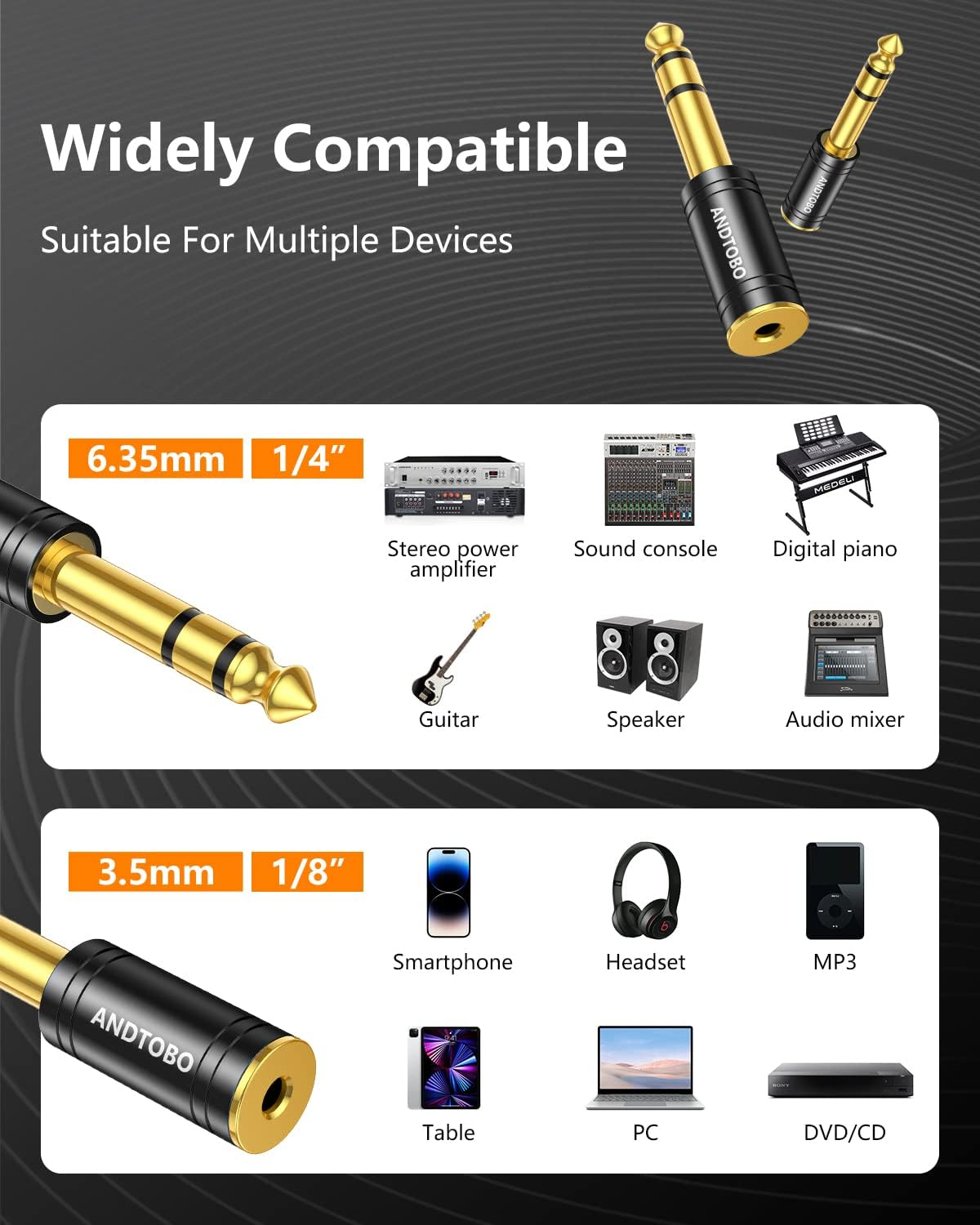 ANDTOBO 1/4''(6.35Mm) Male to 1/8'' (3.5Mm) Female Stereo Audio Jack Pure Copper Adapter for Headphone, Amp, 1 Pack-Black