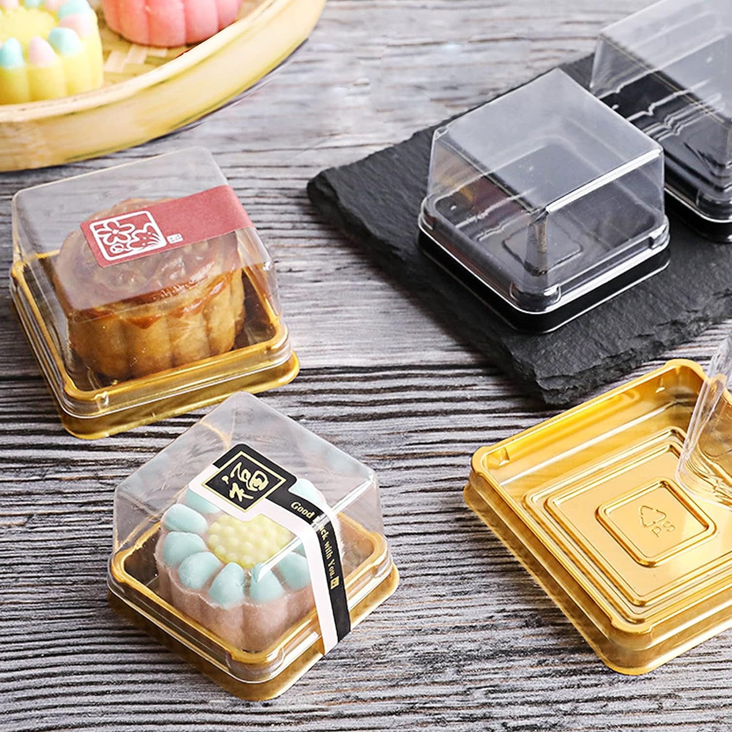 Benran 60 Sets Mooncake Box for 50G/63G/75G/100G/125G, with Macarons-Cookies and Mini-Cake Boxes,Moon-Cake Dessert Box (50G Gold) - Gold image number 2