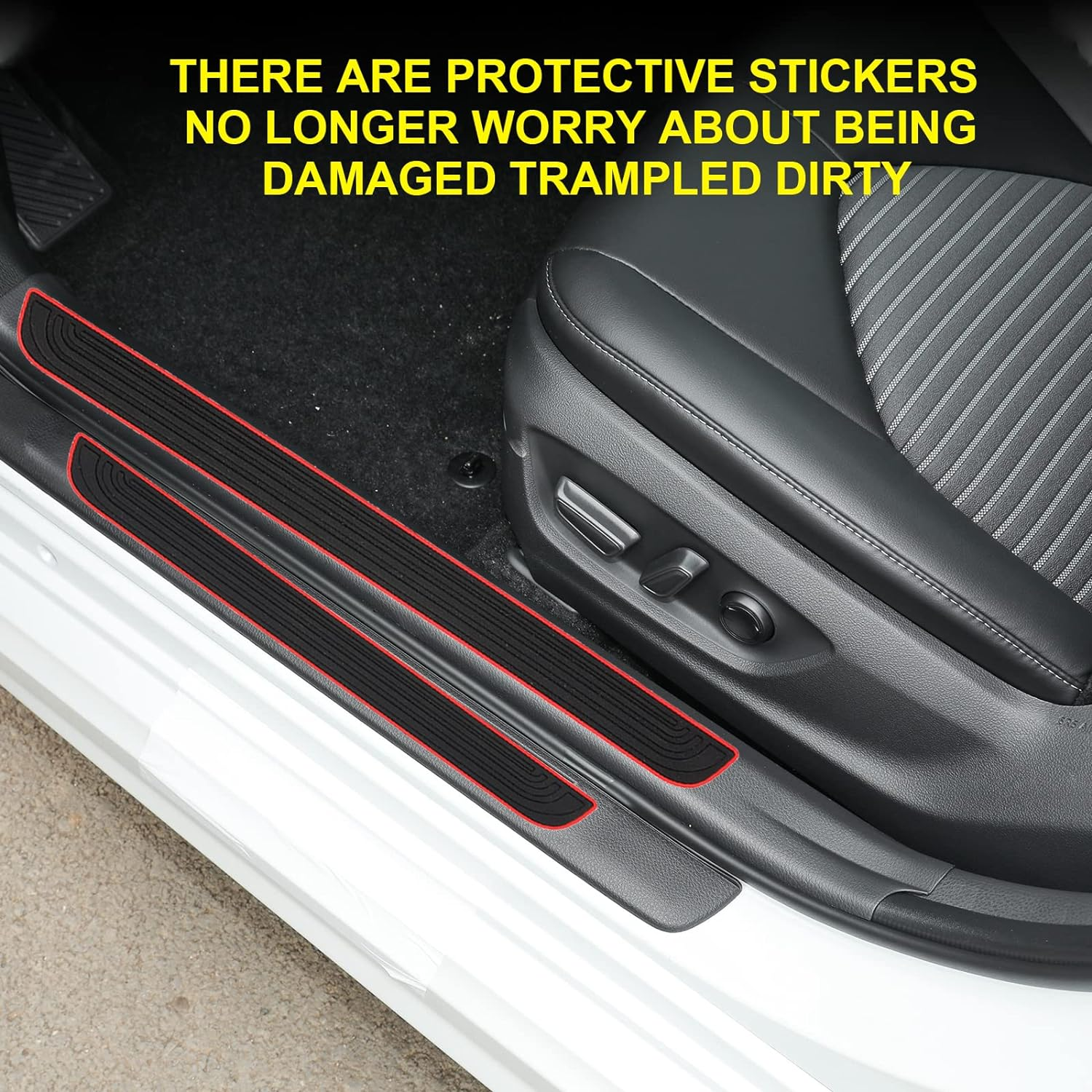 NTNEV 4 Pcs Door Sill Plate Protectors, PVC Soft Rubber Front Rear Entry Guards, Scuff Cover Panel Step Protector, Car Accessories for Most Vehicles (Black Red-Not Pattern) image number 1