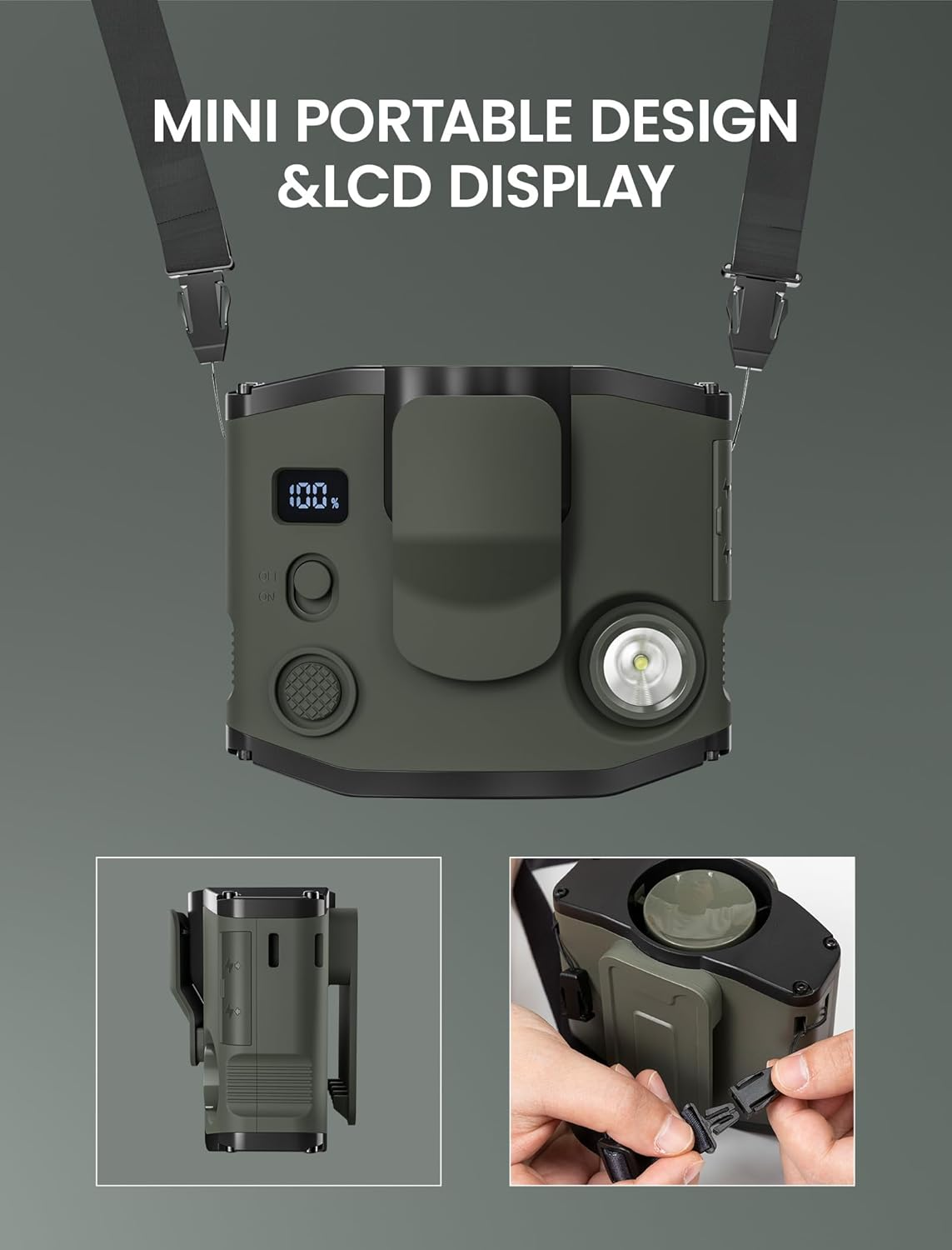 Portable Waist Clip Fan with LED Display, Light, 10000 Mah Small Belt Fan with Dual Clips and Lanyard, Personal Wearable Cooler with 3 Speeds, Small Necklace Fans, Shirt Fan for Hot Flashes, Jobsite