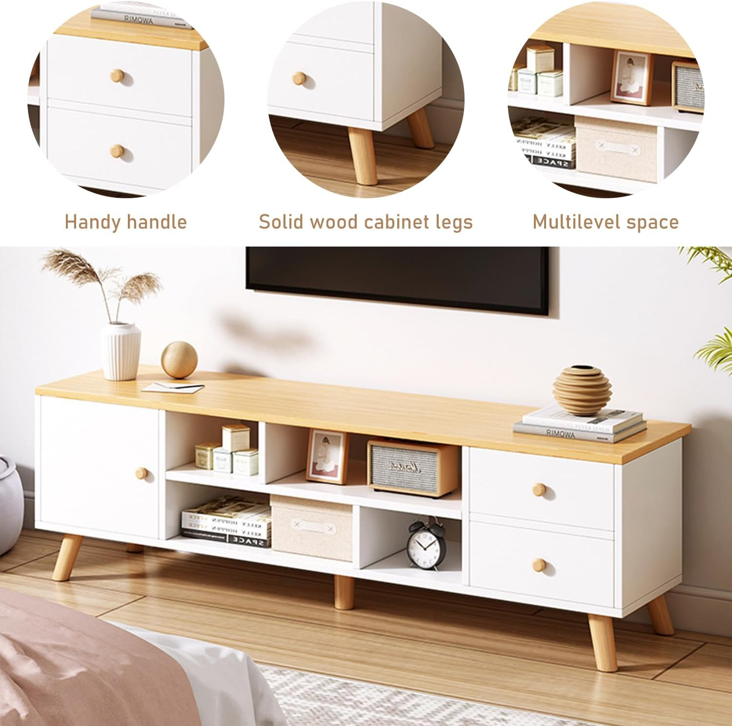 Uandhome Modern TV Cabinet,Wooden TV Entertainment Media Center Console Table with Drawers and Doors and Open Storage Shelf, Multifunctional TV Stand/Unit for Living Room,Bedroom (Wood 140*30*38Cm)