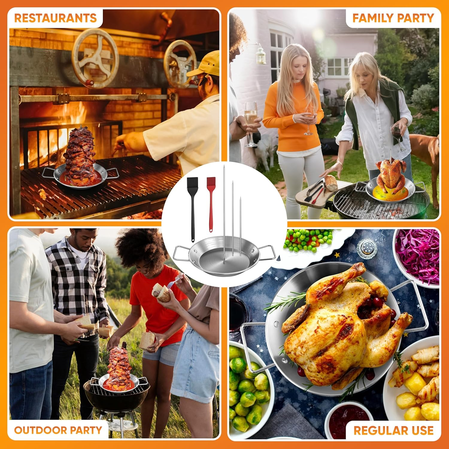 Stainless Steel Al Pastor Vertical Skewer Set for Grill &ndash; Brazilian Spit Stand with 3 Removable Skewers (8&rdquo;, 10&rdquo;, 12&rdquo;) & Brushes, Perfect for Tacos Al Pastor, Shawarma, Kebabs, Smoker, Oven, BBQ