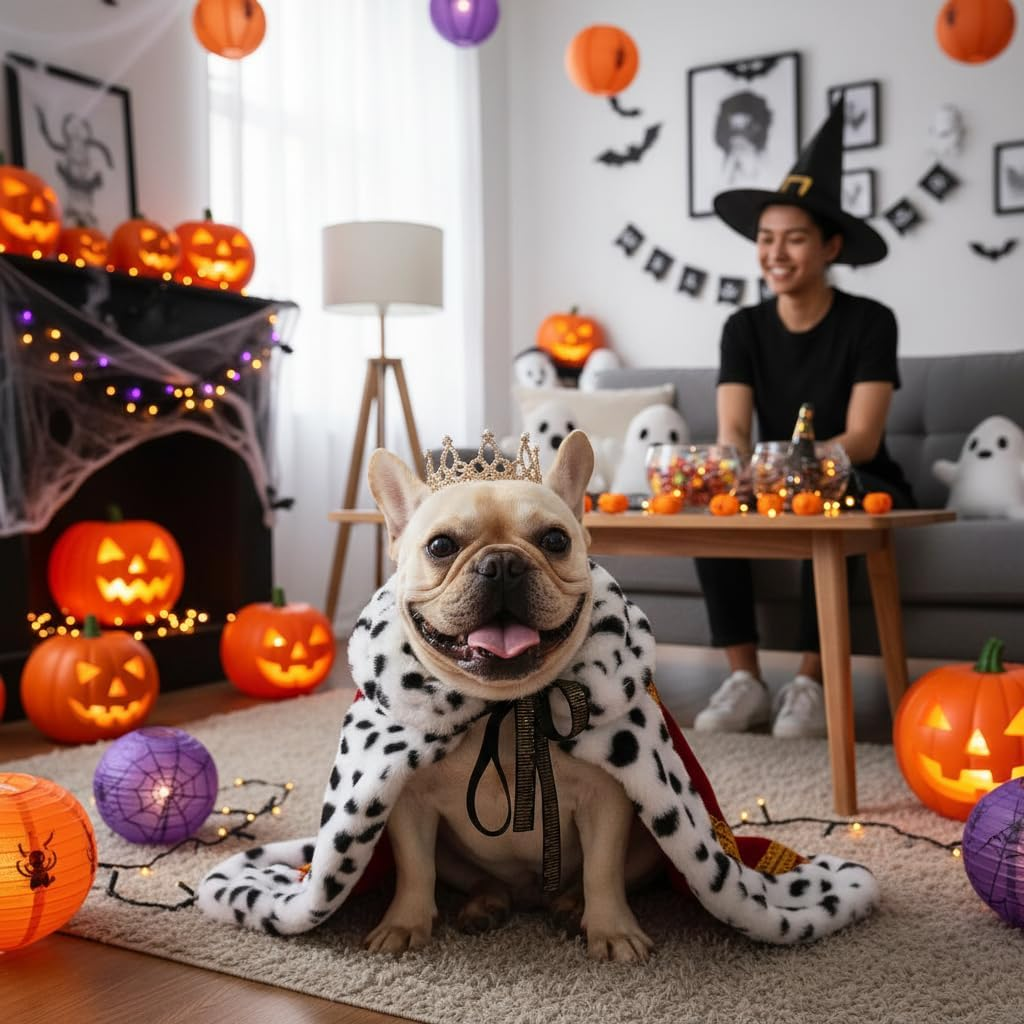 Lovelyshop Pet Serial Majestic Dog/Cat Costume Collection with Lux Velvet Cloak and Silver Pearl Crown Set for Halloween,King Queen Prince and Princess Cosplay-M image number 1