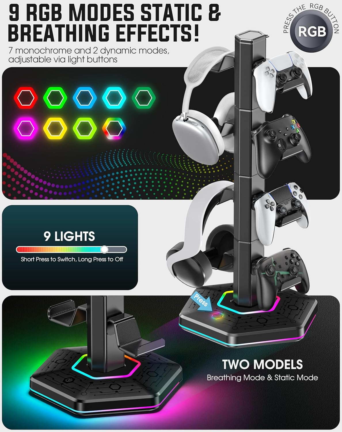 Kytok RGB Controller Holder for Ps5/Ps4/Xbox/Switch, Headphone Stand with 2 USB Charging Ports & Type-C & Headphone Jack, Controller Stand with Cable Organizer, Headset Holder for Desk, 4 Tiers Black image number 6