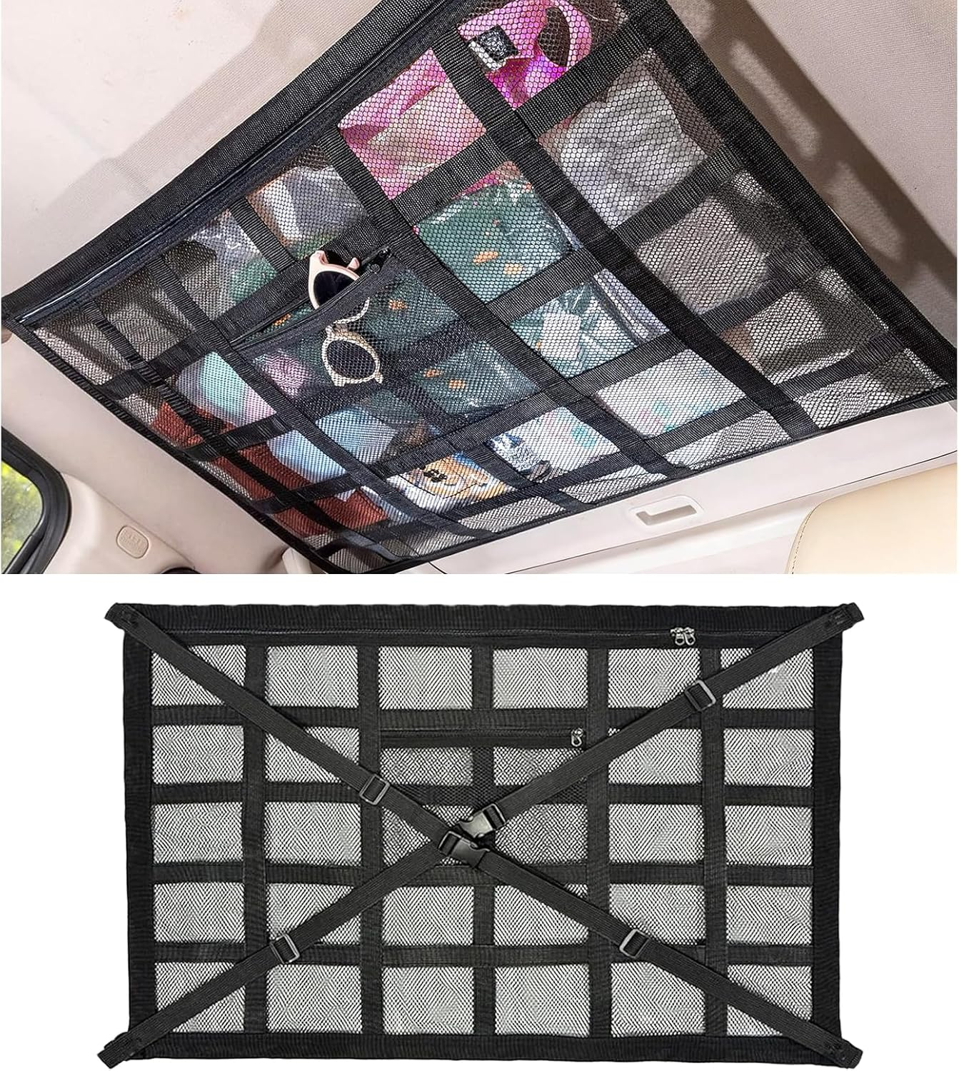 Car Ceiling Cargo Net with 2 Pockets & Adjustable Support Straps, 90&times;65Cm SUV Roof Storage Mesh for Car Camping, Travel & Overlanding Accessories Black
