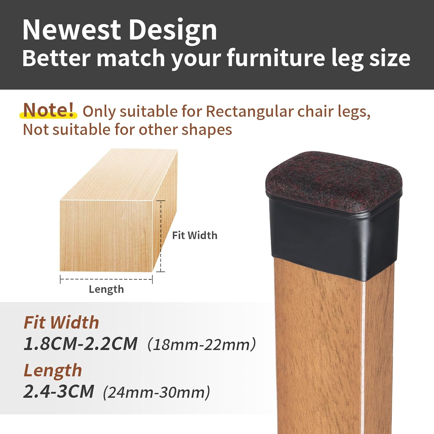 16PCS Chair Leg Floor Protectors, Rectangle Chair Leg Protection Caps, Small Black Silicone Chair Leg Covers with Felt Pads for Hardwood Floors, No Noise No Scratches image number 5