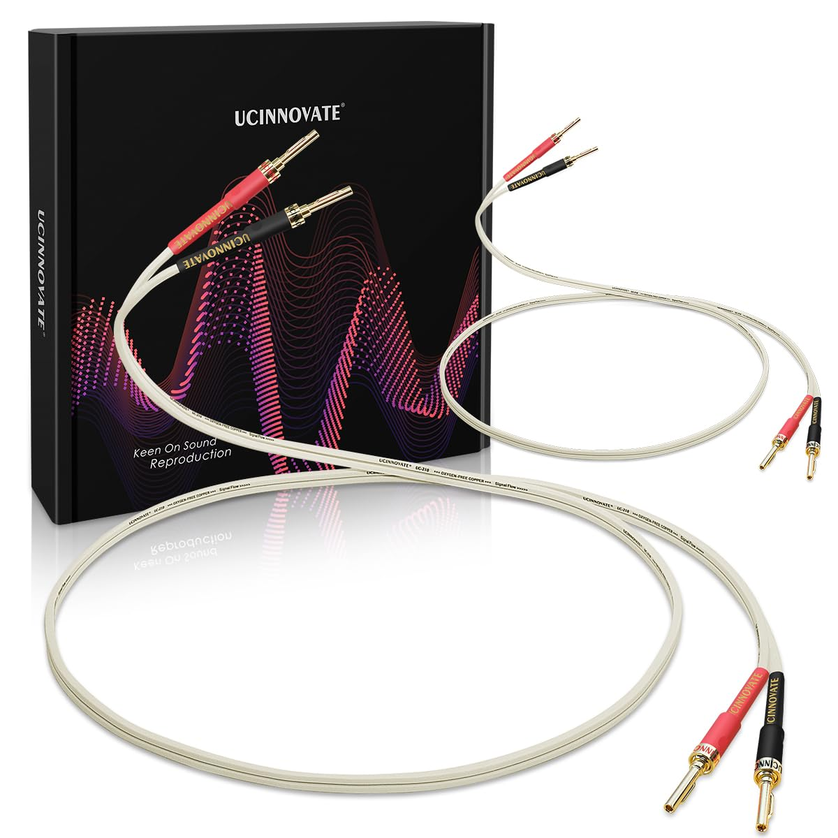 2 Pack 14 AWG OFC Speaker Cable with Pin Banana Plugs, Craft-Made Hifi 1.5M/4.9Ft White Square Speaker Wire with Gold-Plated Banana Plugs, Speaker Cable for Hi-Fi & Home Audio System, Amp, Subwoofer image number 1