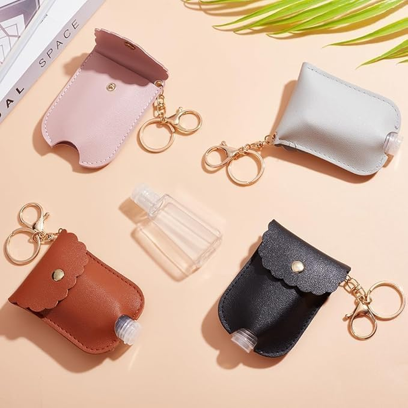 Leather Hand Sanitiser Holder Keychain, 4-Pack Portable Leather Sanitizer Holder Pump Bottle Holders,Hand Sanitizer Keychain,Pp Material Travel Bottle Cover Keyring for Travel image number 3