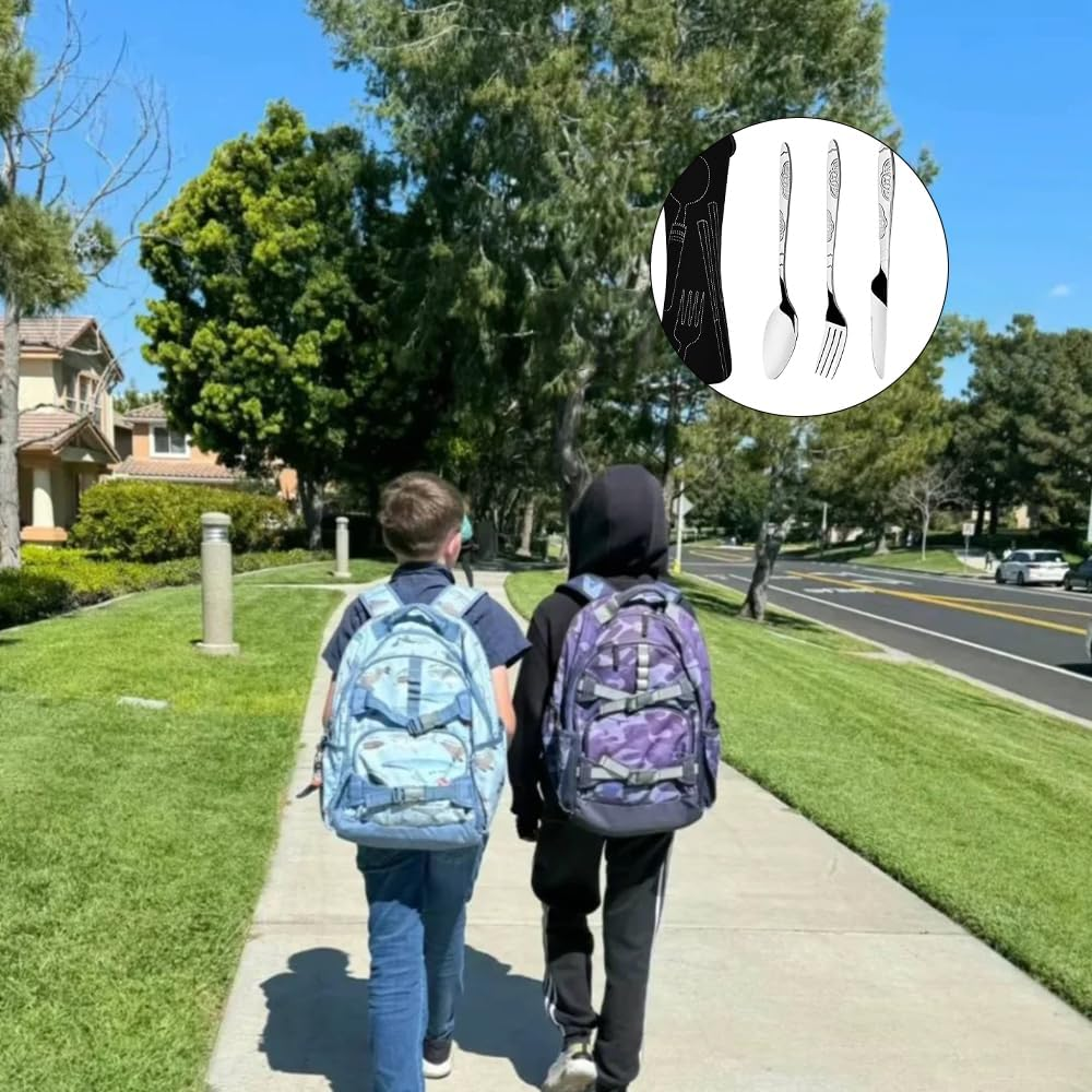 FRAINBOWZ Portable Stainless Steel Flatware Set，Stainless Steel Flatware Camping Utensil Set with Neoprene Bag for Outdoor Travel Picnic Office School Lunch Box（Black）