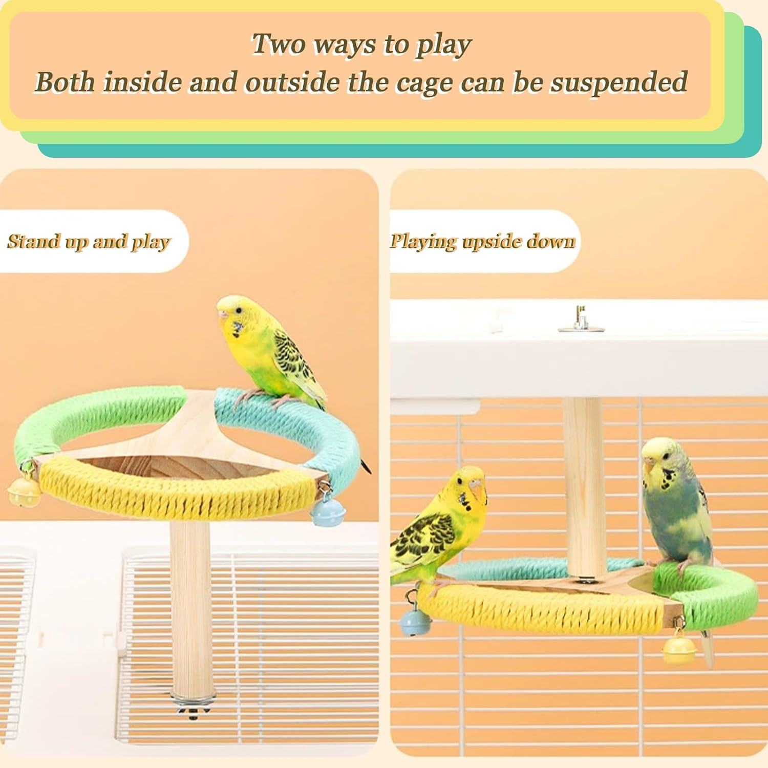 MLKLDOU Bird Stand Perch Toy with Bells, Interactive Spinning Parakeet Toys 360&deg; Wooden Parrot Stand Toys, Bird Cage Accessories for Budgies, Cockatiels, Parrots, Lovebirds image number 5
