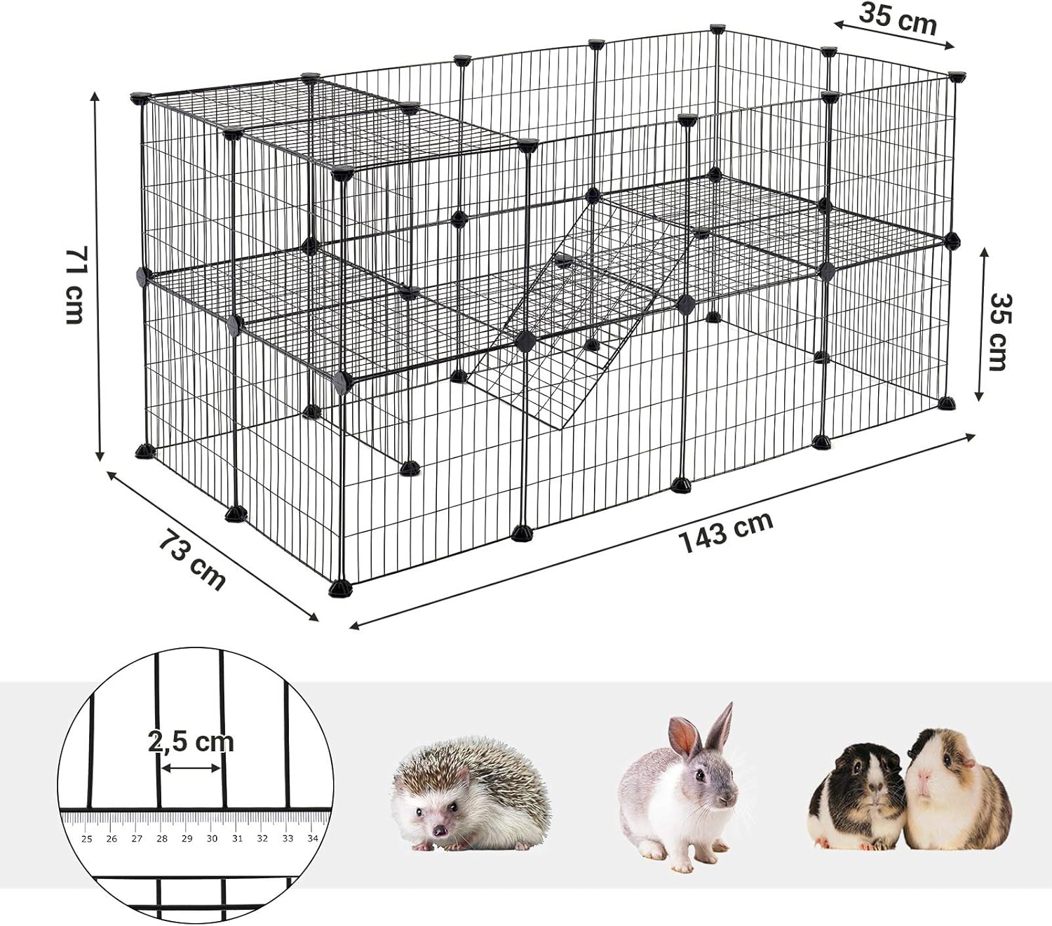 SONGMICS 2-Floor Metal Pet Playpen, 36 Grid Panels, Customisable Cage Enclosure for Small Animals, Guinea Pigs Hamster Runs, Rabbit Hutches, Includes Mallet, Indoor Use, 143 X 73 X 71 Cm, Black LPI02H image number 5