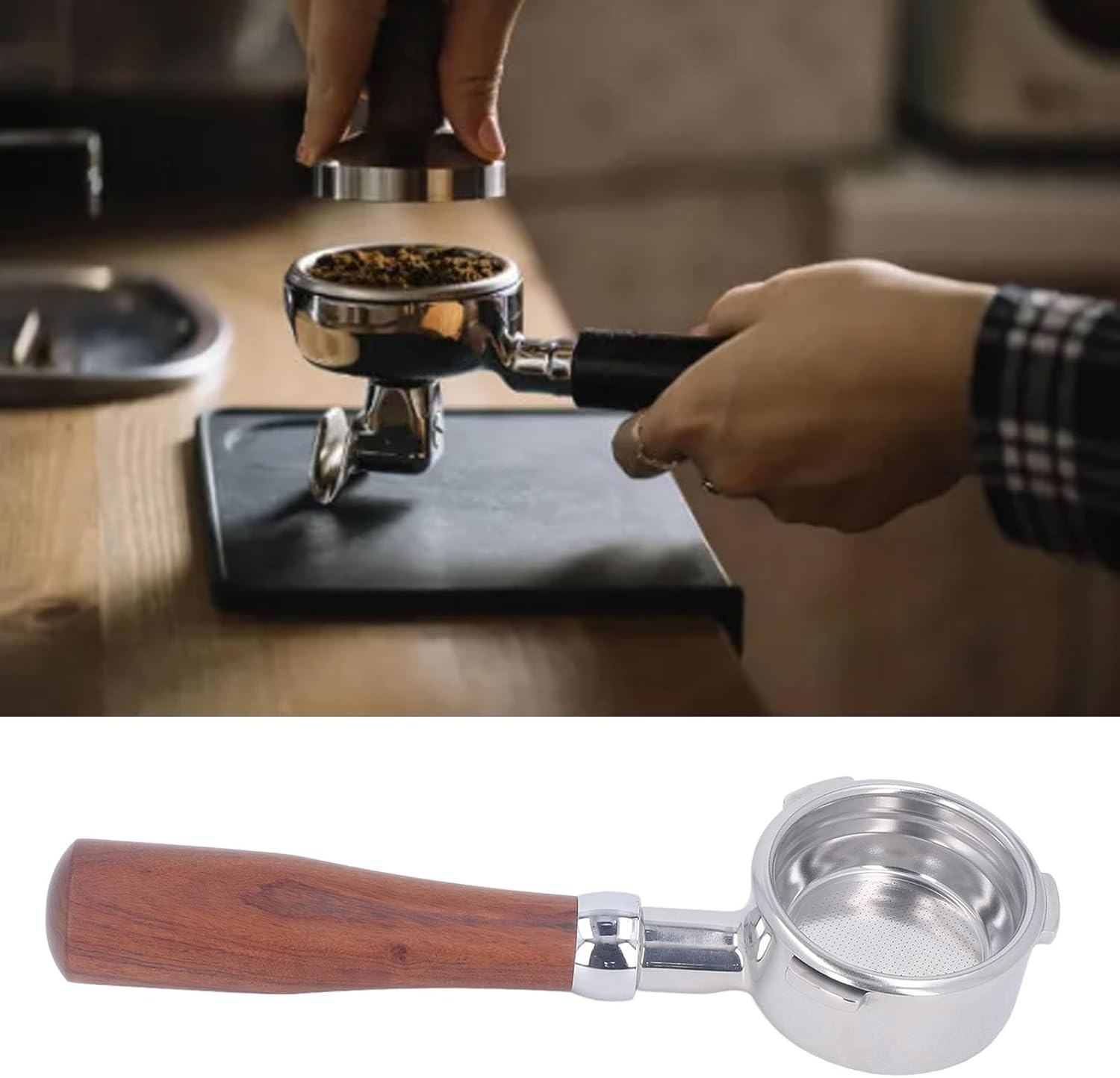 Coffee Bottomless Portafilter, Removable 58Mm Bottomless Portafilter, Anti-Oxidation, Easy To, 3 Ears Solid Wood Handle for Coffee Shop (E Circle Rosewood) image number 1
