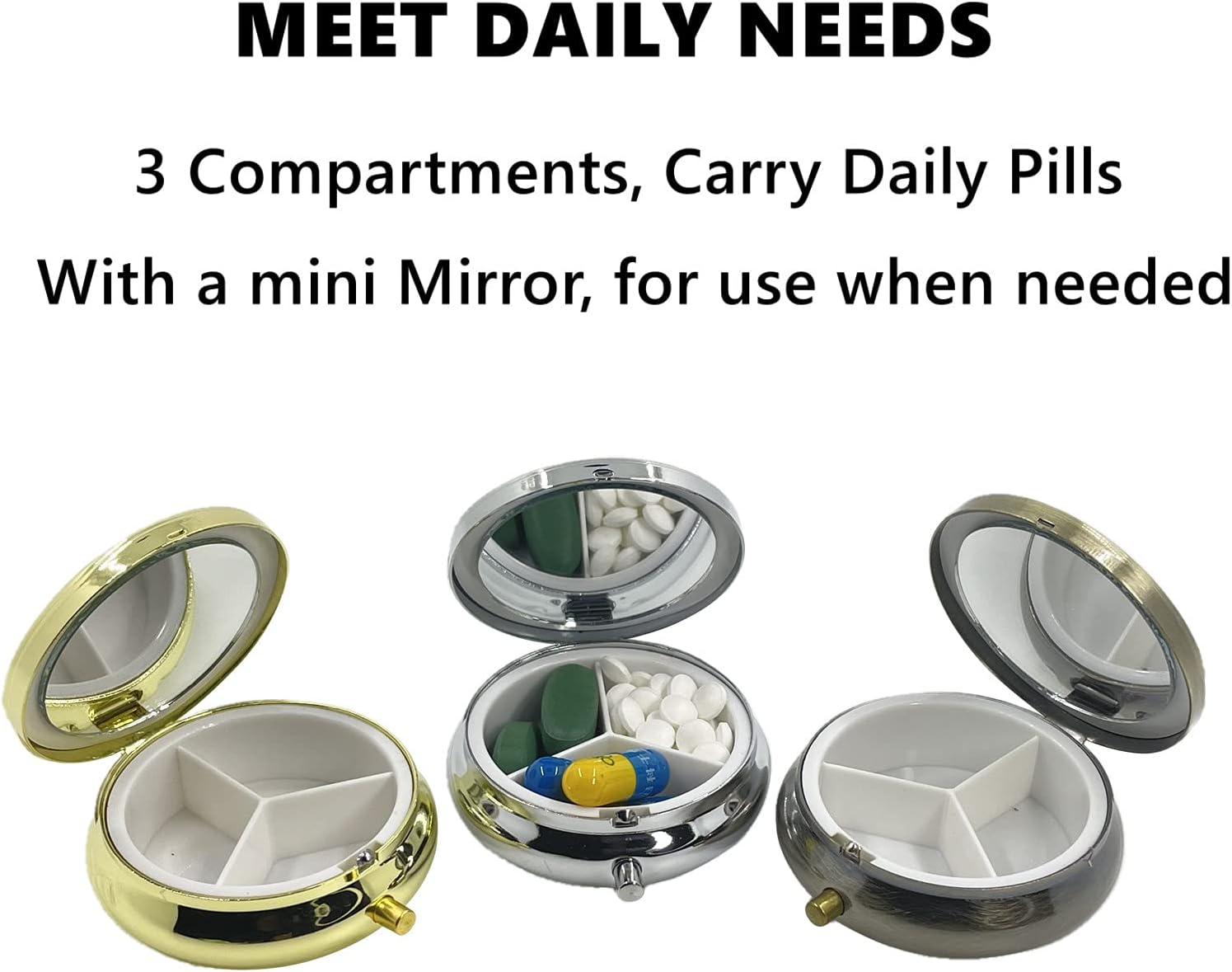 Small Pill Box, 3 Compartment Metal Pill Case, Pills Organizer Daily, Emergency Medicine Holder, Pills Storage Container with Mirror, Ideal for Purse, Travel, Outdoor, Gym, Bronze - Blue image number 2