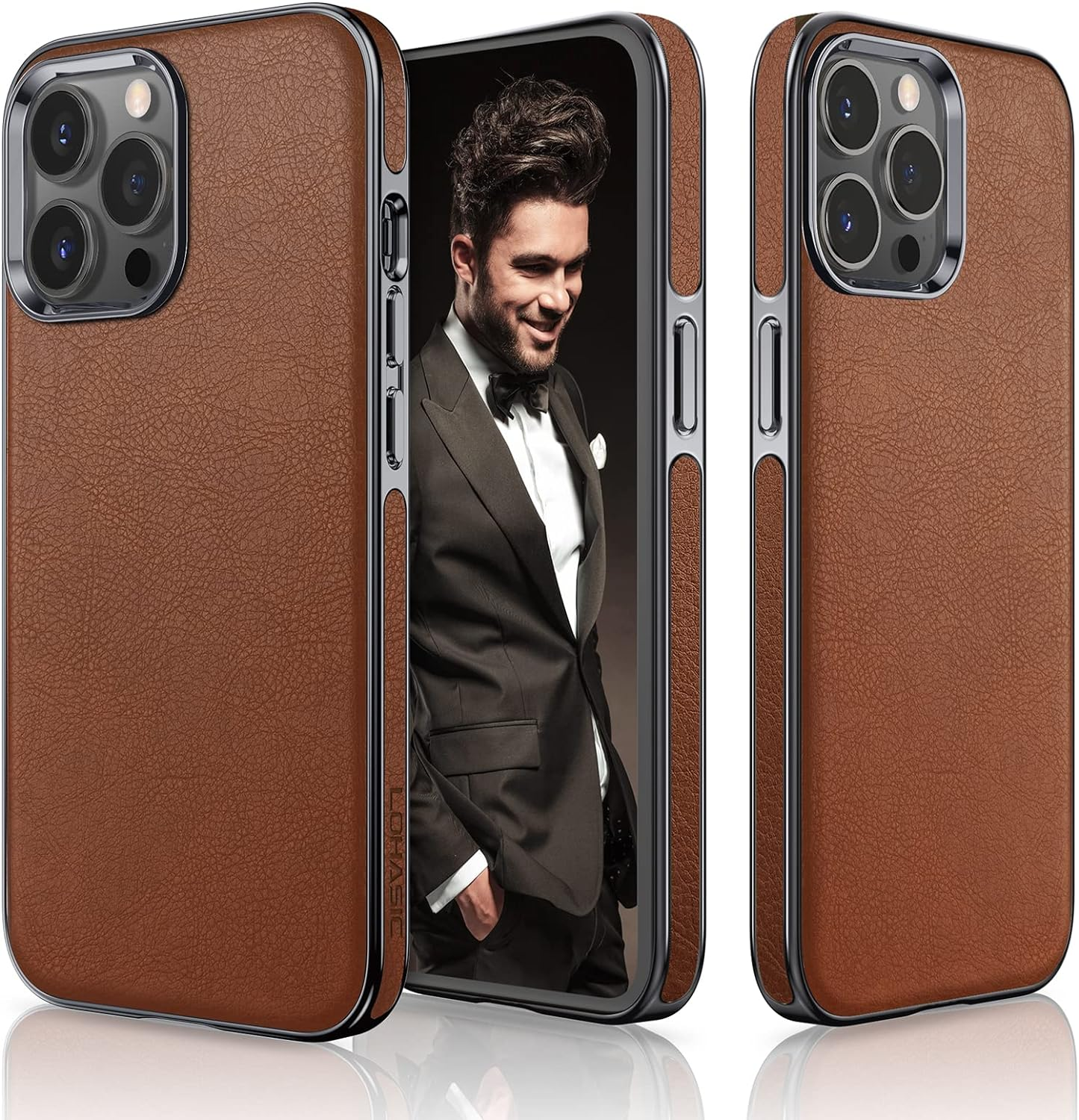 LOHASIC Designed for Iphone 13 Pro Leather Case, Luxury Business Classic Non Slip Soft Grip Full Body Protective Men Phone Cases Cover Compatible with Iphone 13 Pro 5G 6.1 Inch - Black Gold