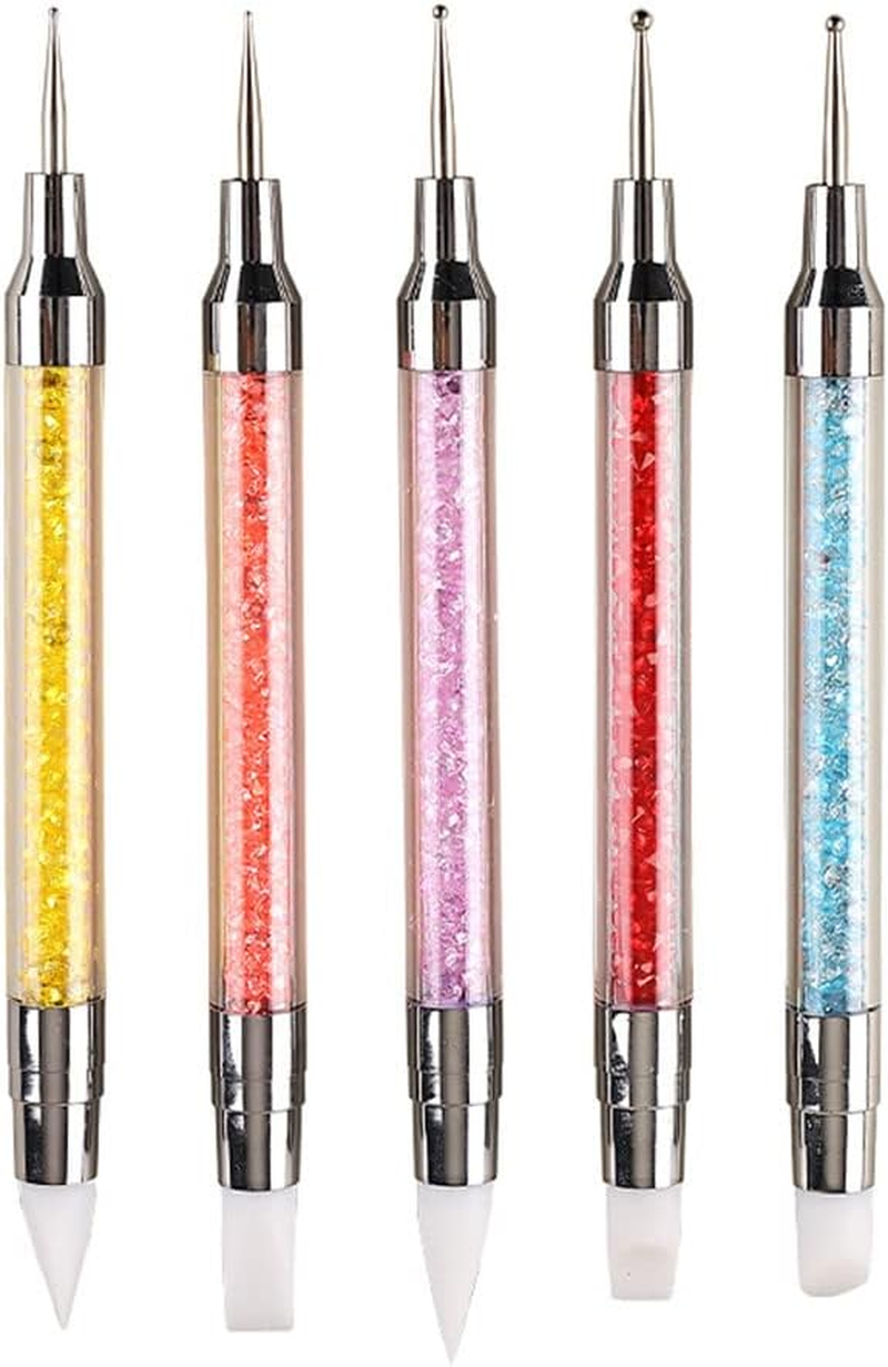 FULINJOY 5PCS Dual-Ended Nail Art Sculpture Pen Dotting Tools, Silicone Nail Polish Brushes Stainless Steel Carving Drawing Dotting Tool, Acrylic Rhinestone Handle, Nail Art Tools image number 6