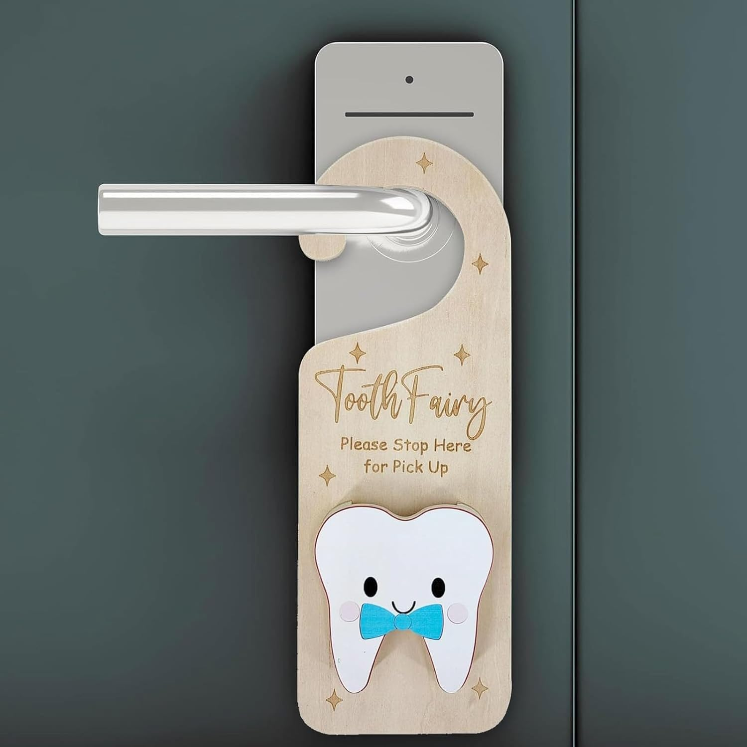 Tooth Fairy Door Hanger - Blue Wooden Tooth Fairy Money Holder Box for Lost Tooth, Cute 3D White Tooth Keepsake Cartoon Image.