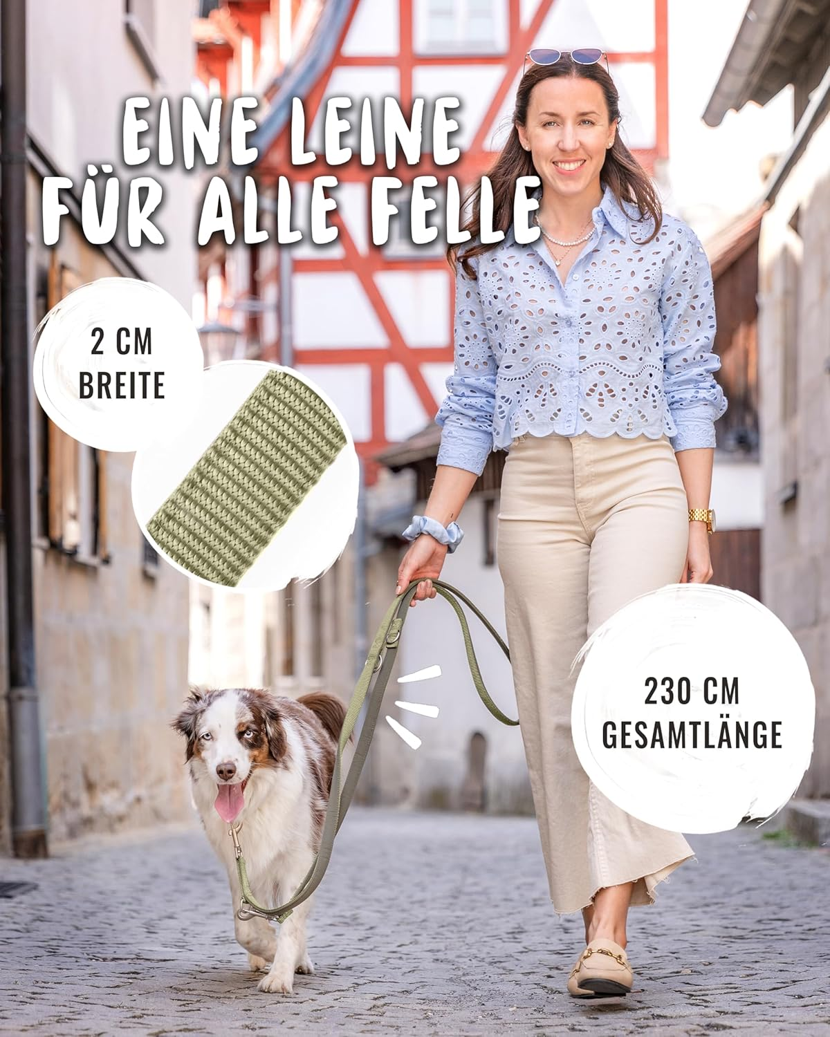 Rudelk&ouml;nig Bella Dog Lead - 2.30 M Length - Adjustable Dog Lead for Medium and Large Dogs - Dog Lead in Khaki