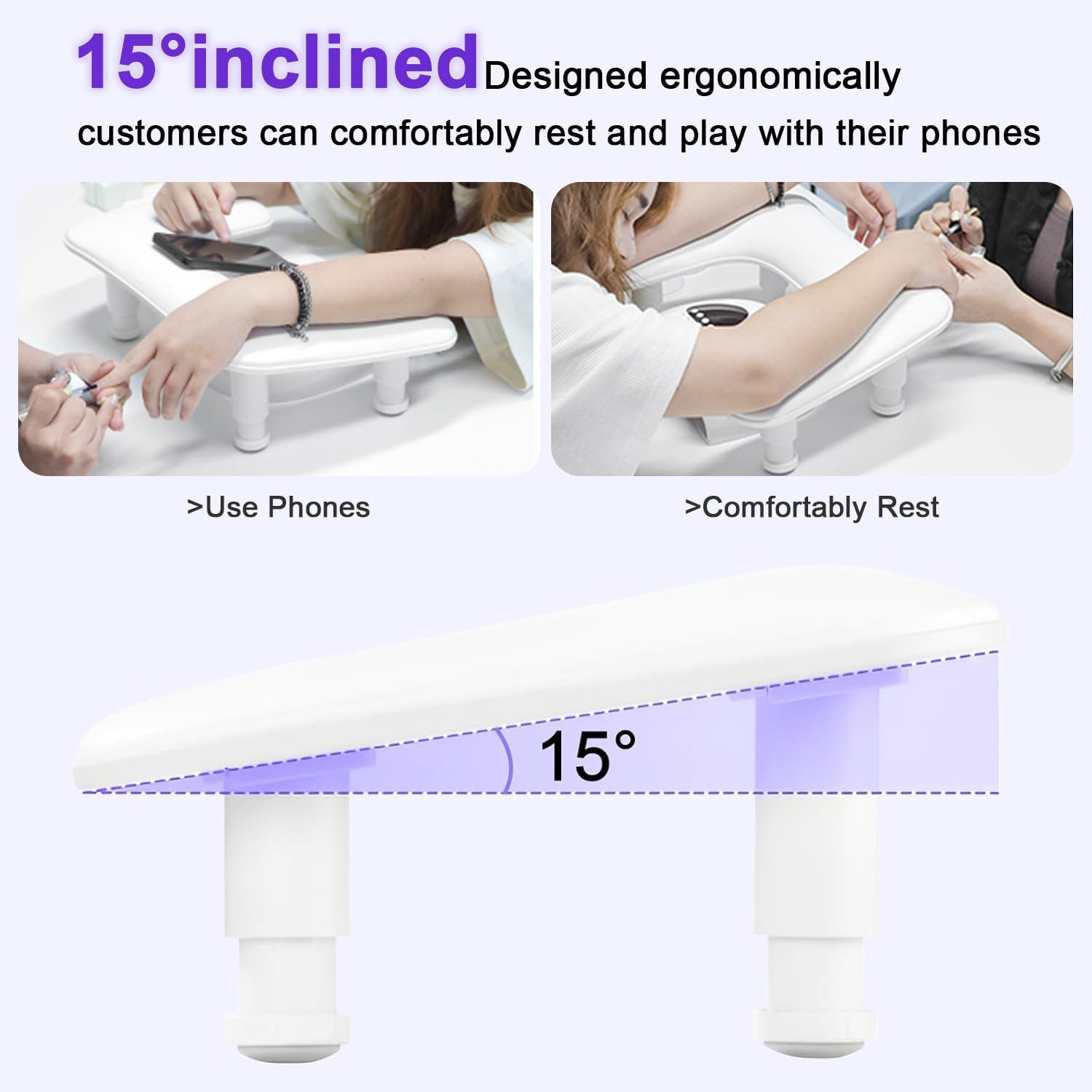 REASOR Adjustable Height Arm Rest for Nails,15&deg; Tilted Design, PU Leather Memory Foam Cushion, Ideal for Nail Technicians and Nail Care, Large Bottom Space, Fits 90% of Nail Dryers, Portable and Easy to Store image number 5
