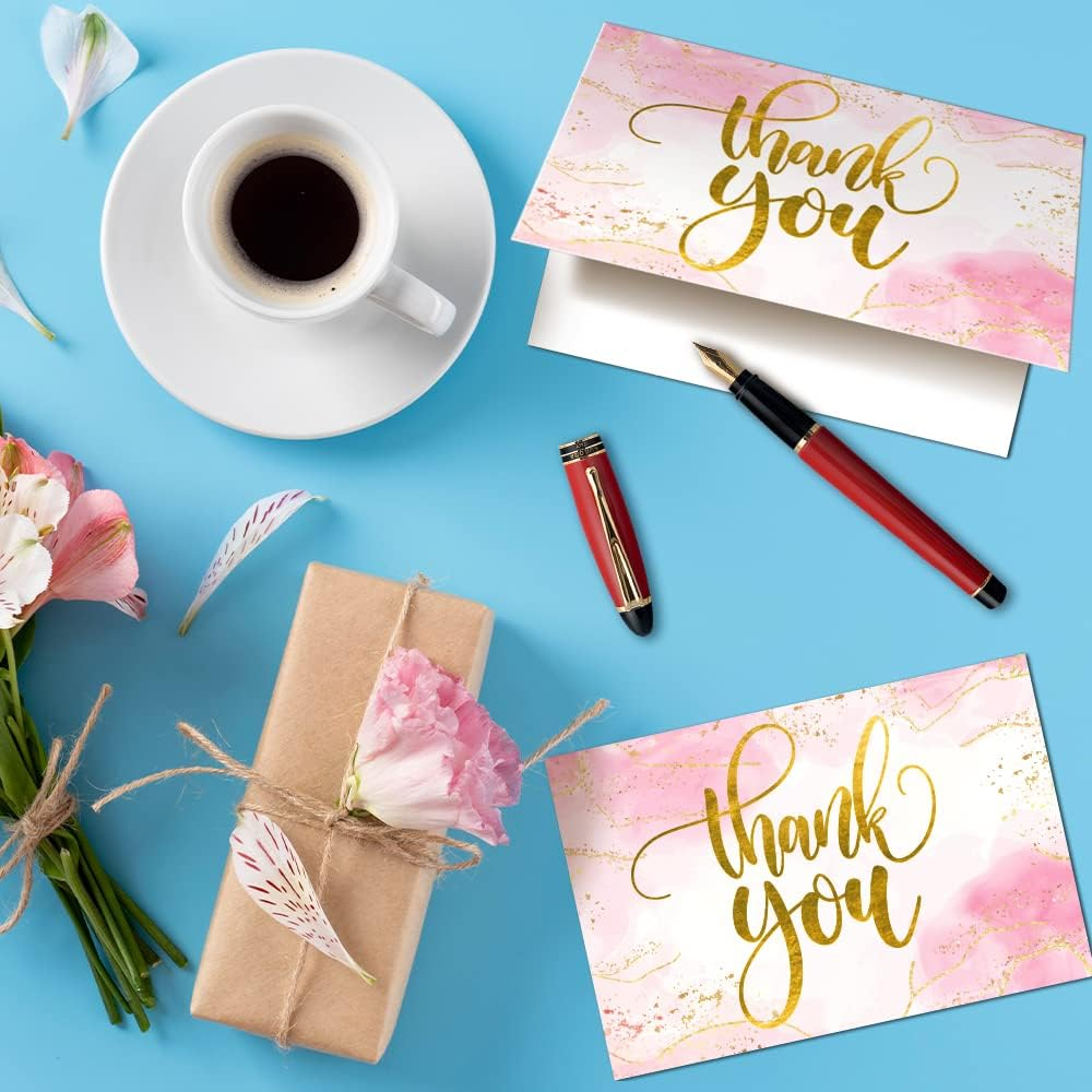 40 Marble Thank You Cards with Envelopes | Gratitude Thank You Cards Bulk | Pink and Gold Foil Thank You Notes Perfect for Girl&rsquo;S Baby Shower, Wedding & Bridal Showers | Pink Envelopes & Floral Stickers Included - Gold,Pink image number 4