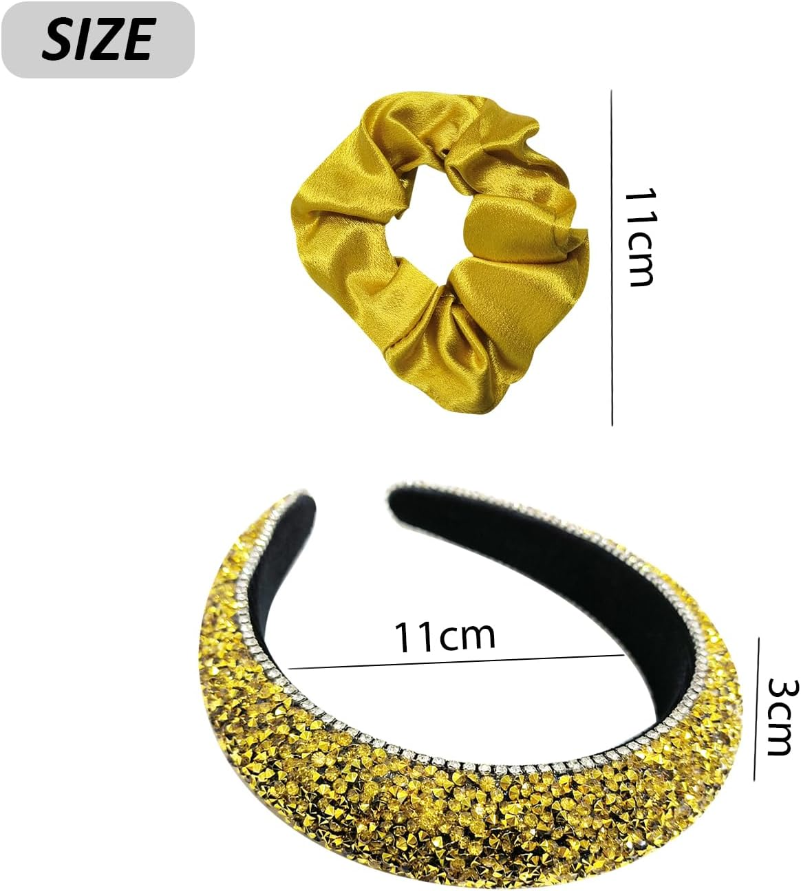 1 Piece Gold Rhinestone Headband, 1 Piece Gold Hair Scrunchie, Hair Band, Gemstone Hair Band, Crystal Satin Hair Scrunchie, Suitable for Parties, Gatherings, Birthday and Holiday Gifts image number 3