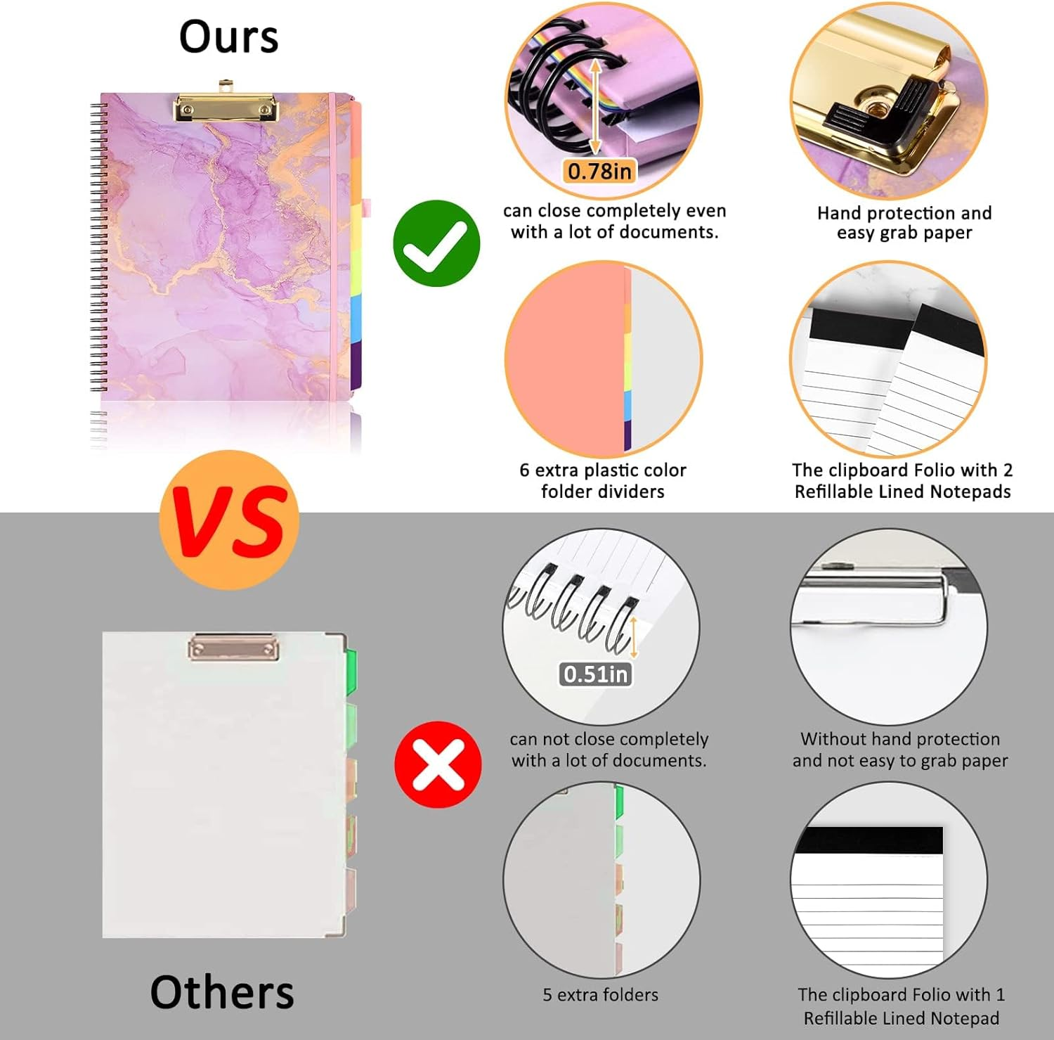 Foldable Storage Clipboard Folio, Spiral Clipboard Folder with 2 Notepad & 6 Dividers, 12 Pockets, Elastic Band, Pen Loop, Clipboard Folder Great for School Office, Letter Size (11" X 8.5"), Marble image number 6