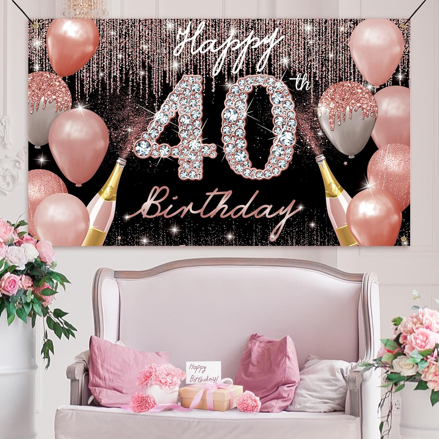 PHXEY Happy 40Th Birthday Backdrop Banner, 40Th Birthday Decoration for Women Rose Gold, 40 Year Old Birthday Party Yard Sign Photo Booth Props Background Poster, Forty Bday Decor, Fabric, image number 1