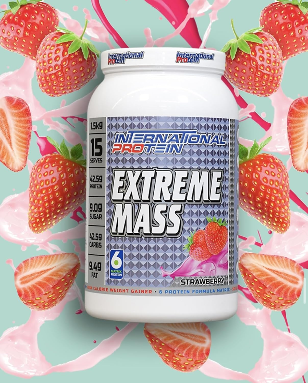 International Protein Extreme Mass Strawberry Flavour Weight Gainer Protein Powder 1.5 Kg image number 2