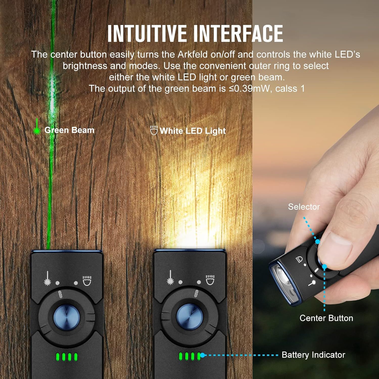 OLIGHT Arkfeld Max 1000 Lumens Rechargeable EDC Flashlight Dual Light Source with Green Beam for Pet, Presentation(Black, Cool White Light: 5700~6700K) image number 3