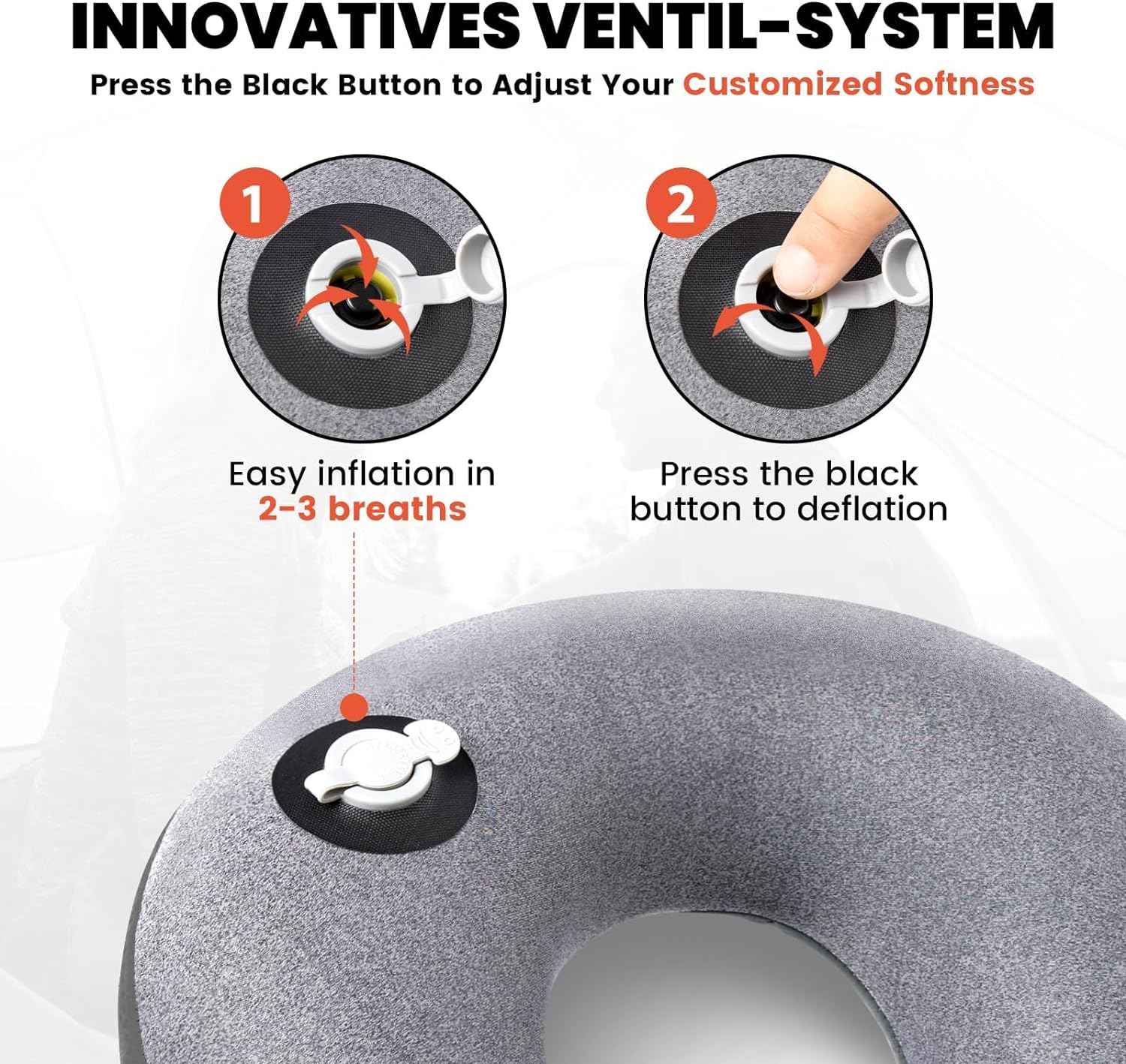 HIKENTURE Travel Pillow, Ultralight Inflatable Neck Pillow, Fully Inflated in 3 Breaths, Ergonomic Travel Neck Pillow for Airplane & Car, Portable Flight Pillow with Adjustable Softness(Grey) image number 6