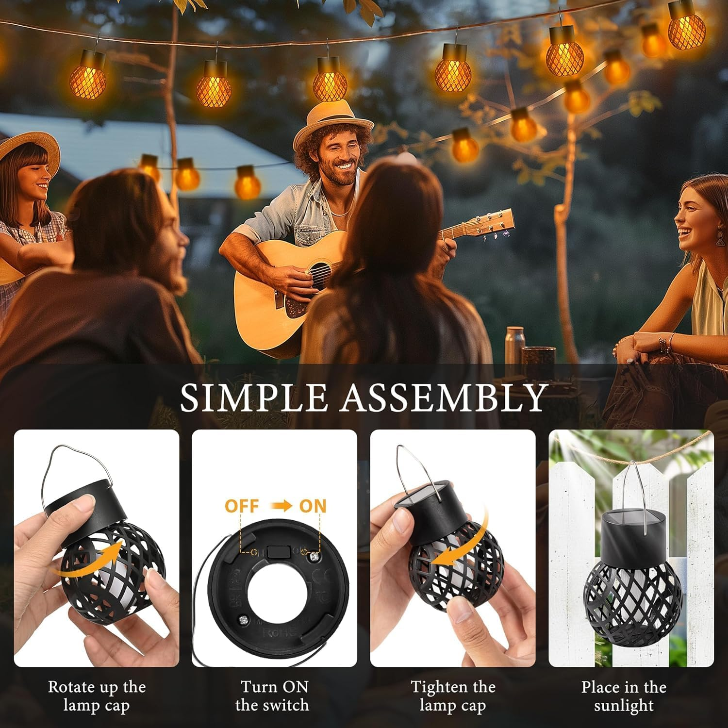 Solar Lights Outdoor Garden, 4 Pack Hanging Solar Lights Flickering Flame, Waterproof for Garden, Yard, Fence, Tree image number 3