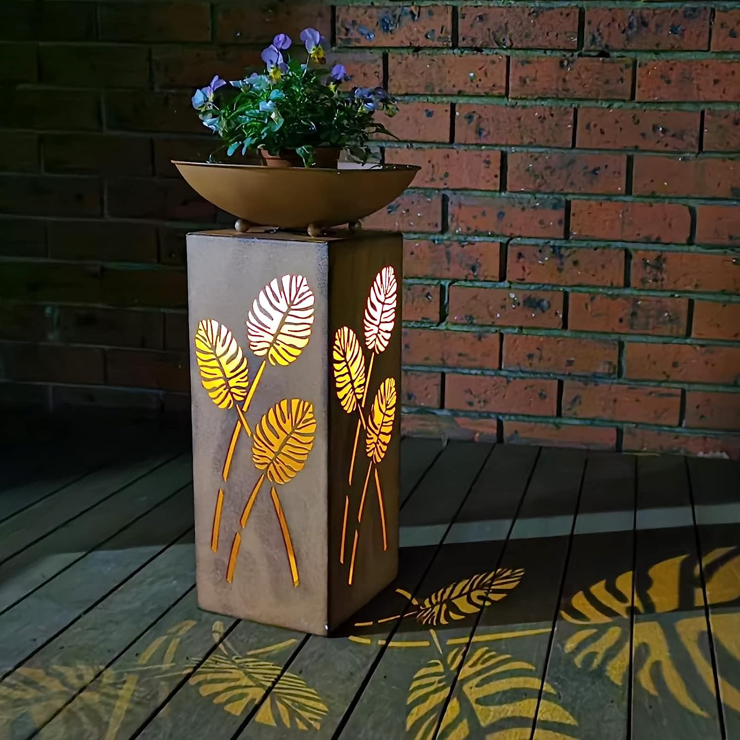 Metal LED Flowerpot Holder Pot Stand Birds Feeder Rustic Garden Porch Pathway Lamp Home Decor LED Light with Timer Function Leaves Pattern image number 4