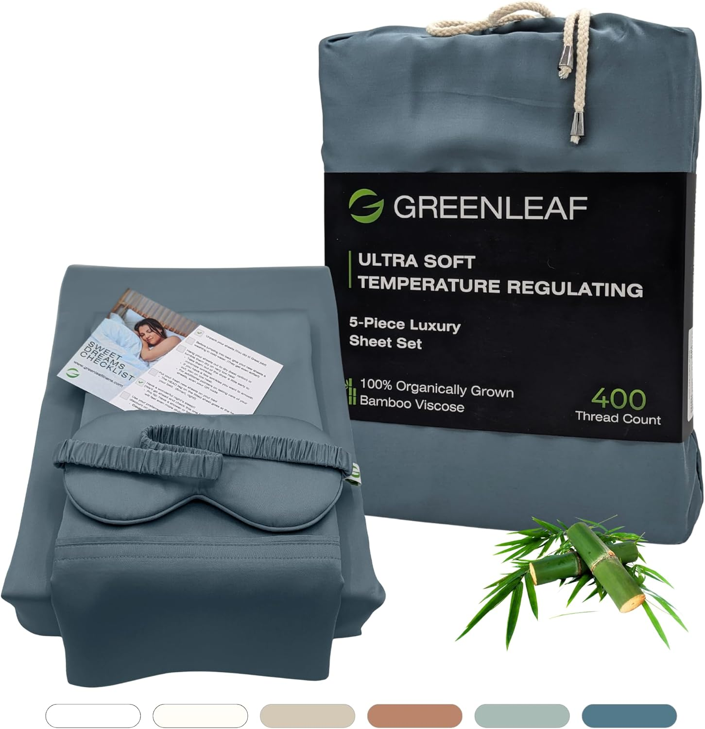 GREENLEAF King-Sized Bed Sheet Set, Seaglass Green | Fitted Bed Sheet with Pillow Cases, Flat Sheet & Sleep Mask | Breathable, Ultra-Soft Cooling | Deep Pocket up to 18" | Double Stitched Sateen