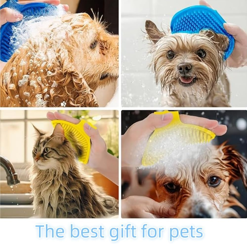 FACAING 3Pcs Dog Bath Brush,Pet Bath Brush with Soap and Shampoo Dispenser,Dog Scrubber for Bathing,Rubber Shower Comb with Adjustable Ring Handle (Blue)