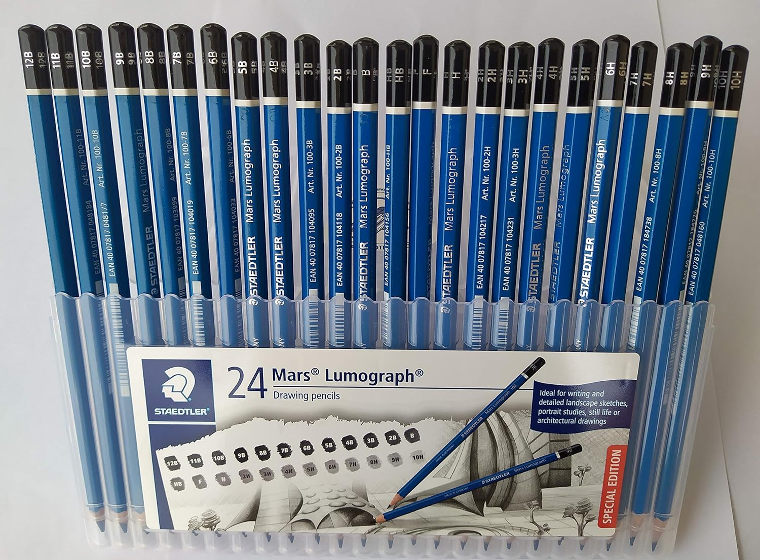 Wooden Pencil by Staedtler Mars Lumograph - Pack of 24 Degrees in Practical Plastic Storage Box with 6" and 8" Aluminum Ruler image number 3