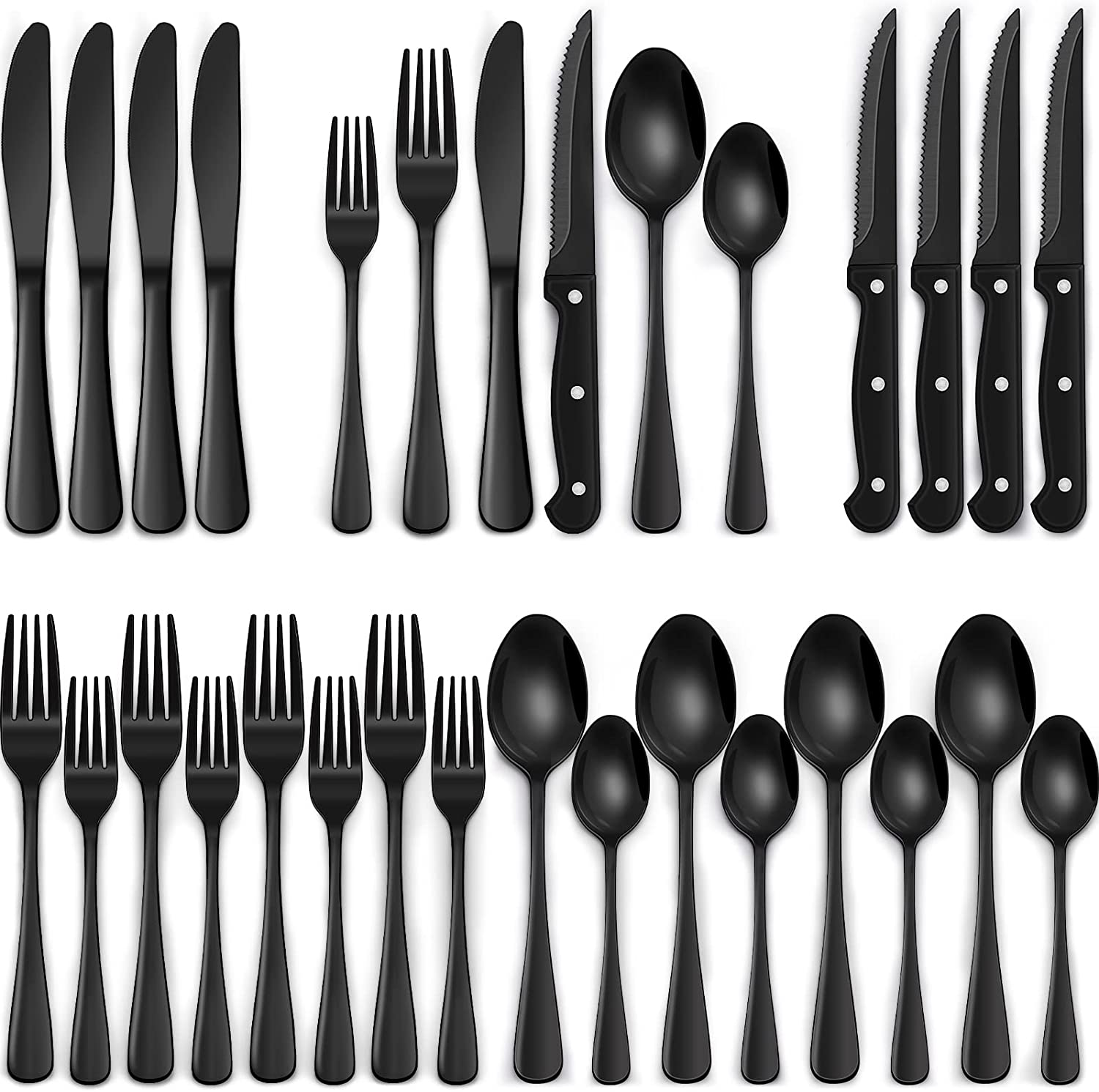 24-Piece Black Silverware Set with Steak Knives, Black Flatware Set for 4, Food-Grade Stainless Steel Tableware Cutlery Set, Mirror Finished Utensil Sets for Home Restaurant image number 5