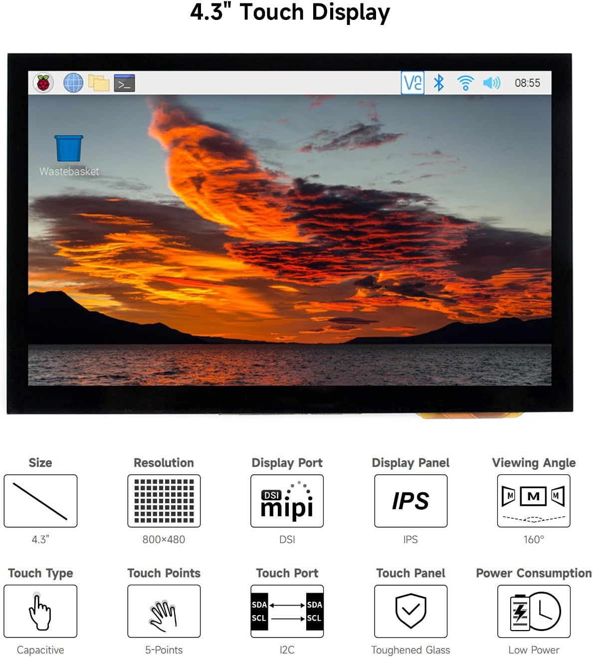 Waveshare 4.3Inch Capacitive Touch Small Display Compatible with Raspberry Pi 5/4B/3B+/3A+/3B/2B/B+/A+ CM3/3+ with IPS Wide Angle MIPI DSI Interface