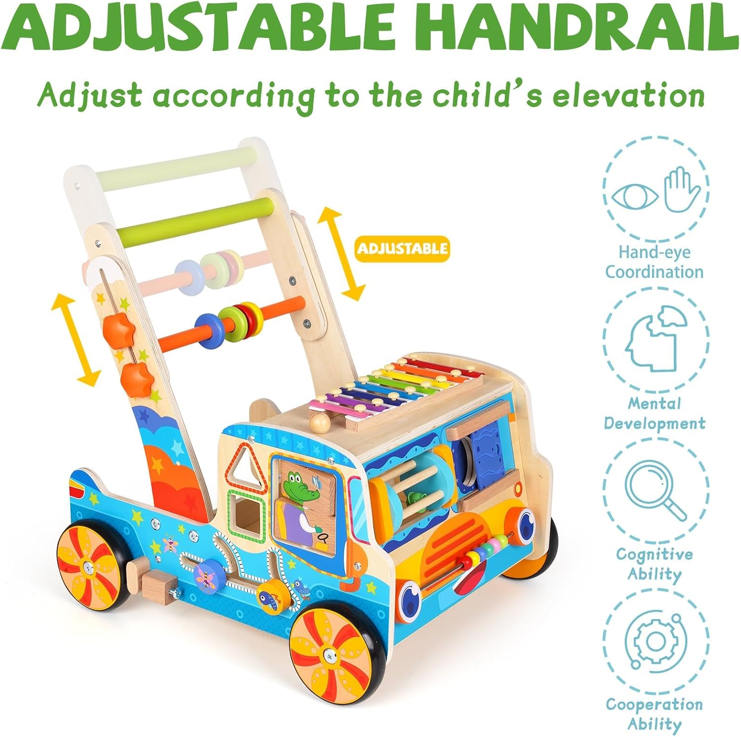 Wooden Baby Walker, 2025 Montessori Walker Toy with Shape Sorter,Push and Pull Learning Activity Walker with Wheels,Learning Walking Toys for Toddlers from Sitting to Standing image number 5