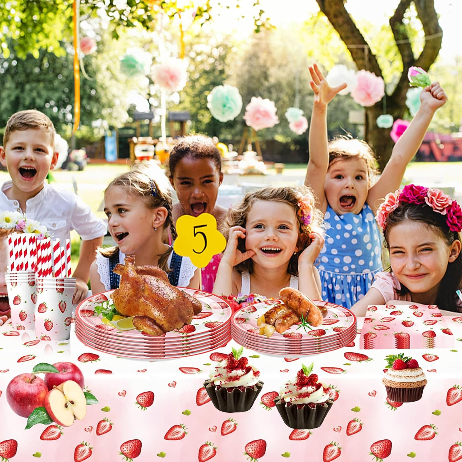 61PCS Strawberry Theme Birthday Tableware Set - Strawberry Decorations, Camping Party Supplies - Paper Plate, Cup, Napkin, Tablecloth, Fruit Party Table Decor image number 5