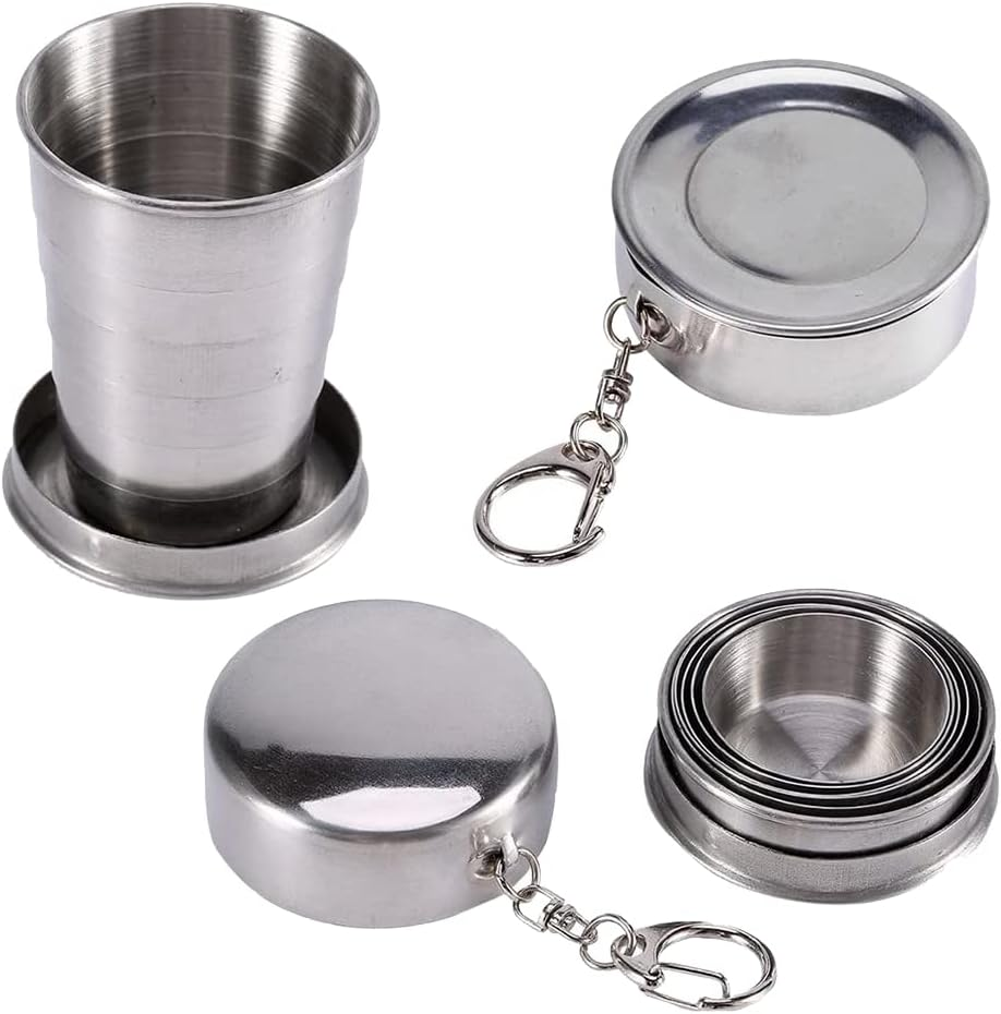 Pack of 2 75 Ml Stainless Steel Foldable Travel Mugs Foldable Camping Mug Reusable Hiking Mug Foldable Travel Coffee Mug with Key Ring for Hot and Cold Drinks
