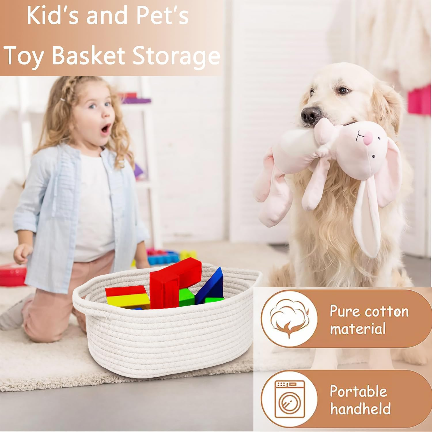 Baby Gift Basket with Gift Bags and Ribbons, 12X 8 X 5 Inch Empty Cotton Rope Baby Basket, Basket Organizer for Baby and Pet Toys, White image number 2