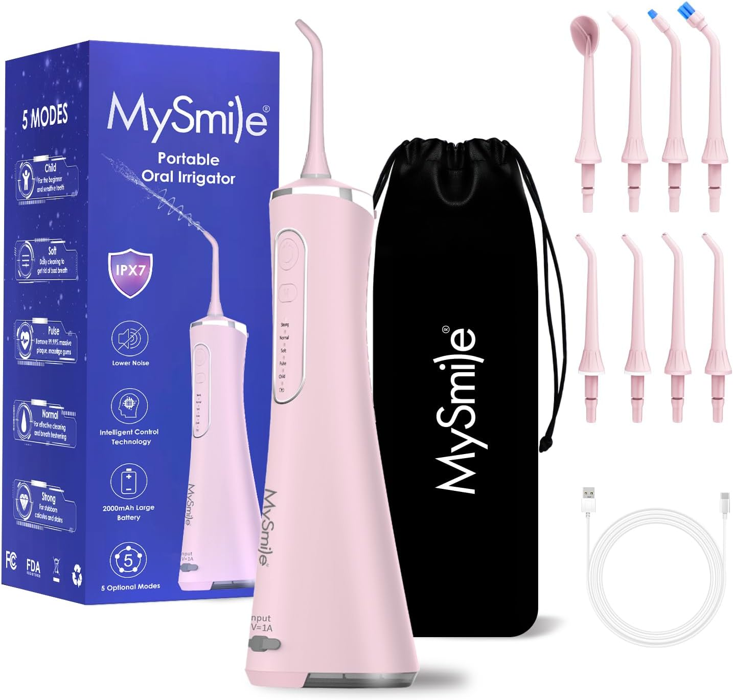 Mysmile LP211 Cordless Advanced Water Flosser for Teeth, 5 Cleaning Modes Rechargeable Power Dental Flosser 8 Replacement Jet Tips IPX 7 Waterproof Dental Irrigador with Portable Travel Storage Pouch (Black)
